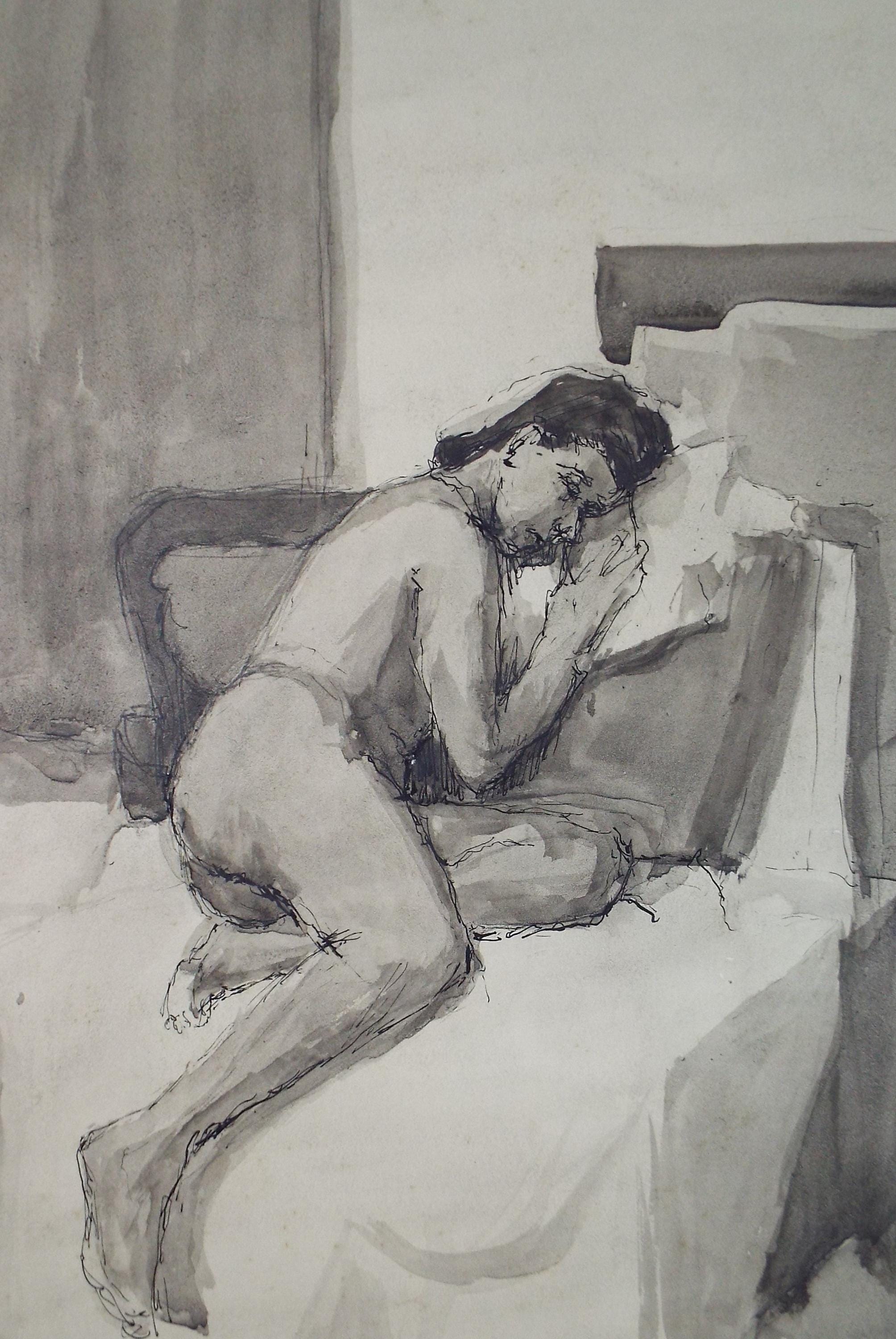 Original Watercolour & Ink ,'Sleeping Female Nude', Circa 1950's, Pauline Plummer (b1933)