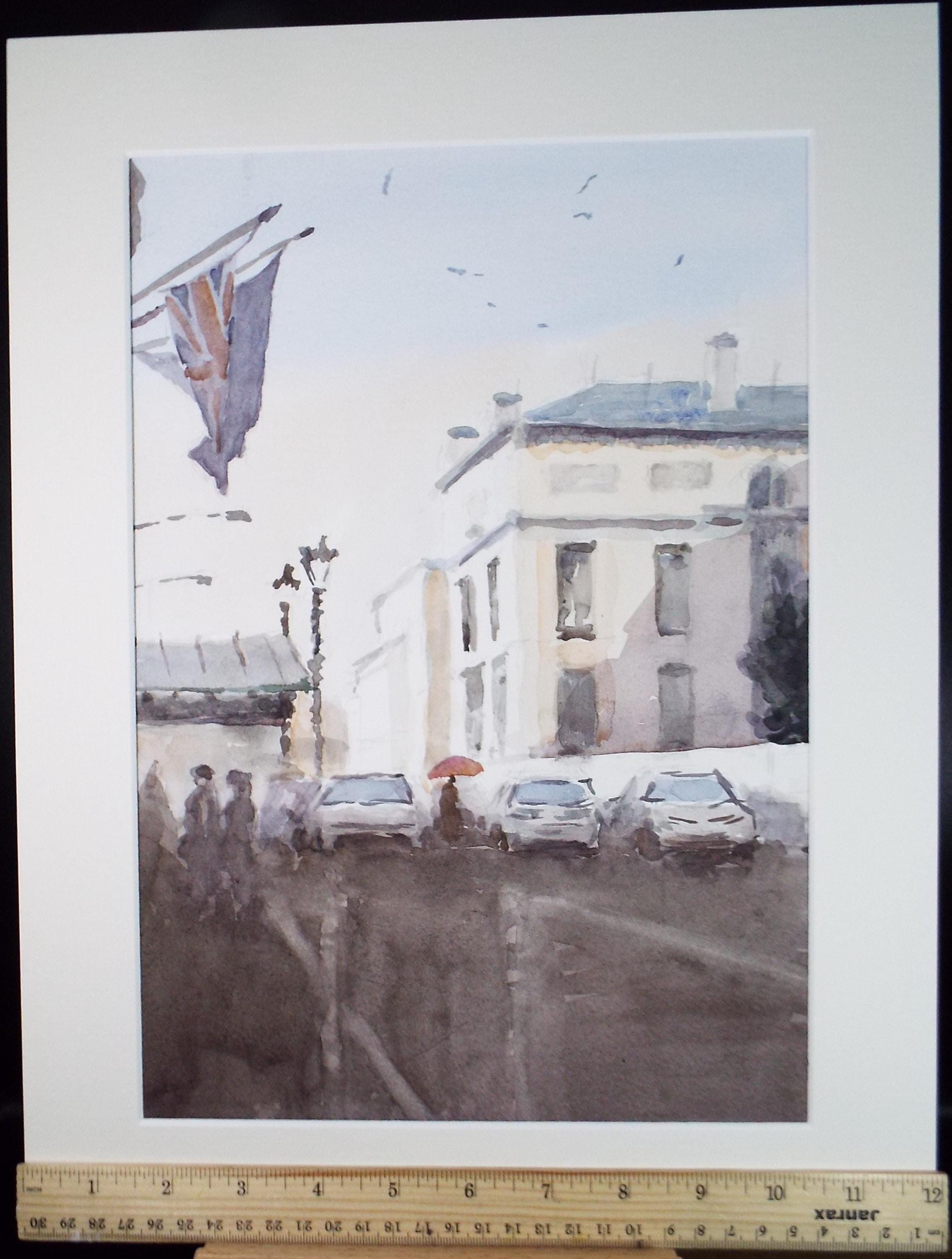 Original Watercolour drawing, 'Street Scene with cars', Pauline Plummer (b1933), Circa 1990's