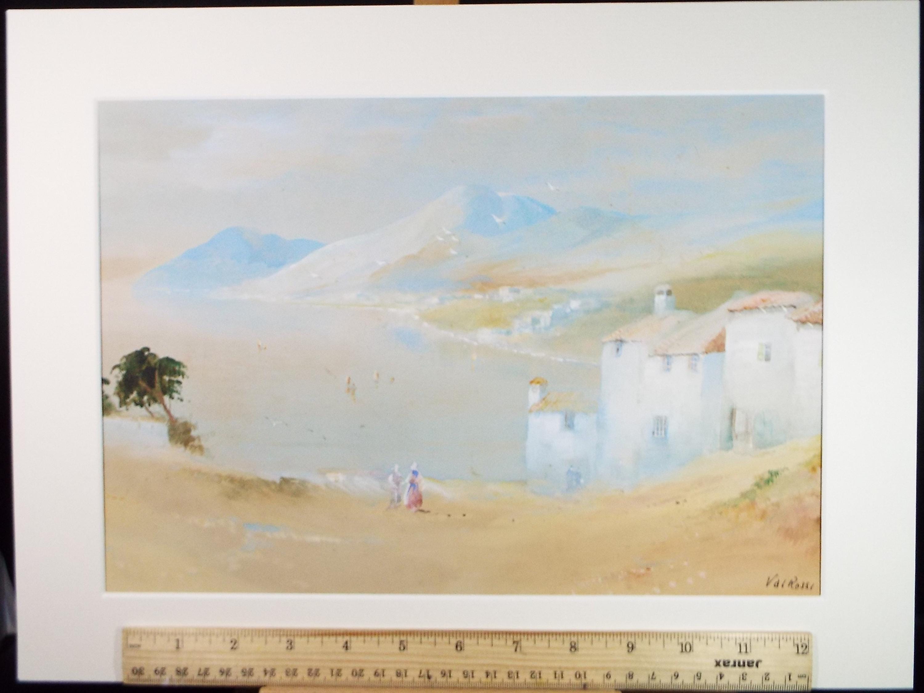 Original Watercolour, 'Expansive bay with figures', Val Rossi, circa 1960's