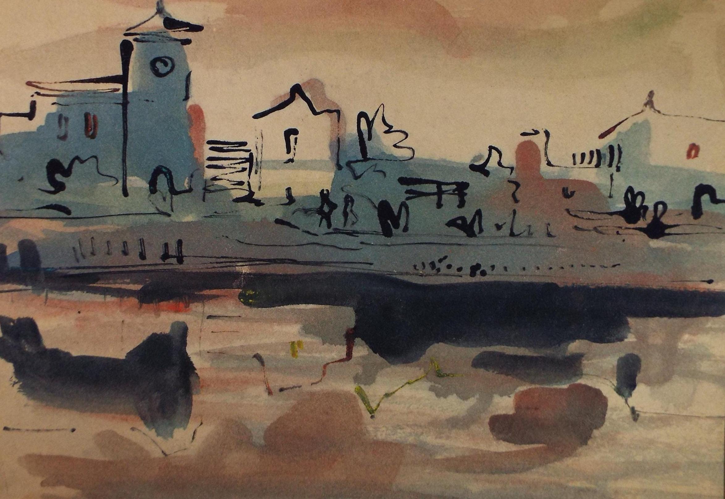 Original Watercolour, 'Coastal Town', Circa 1970's , artist Unknown
