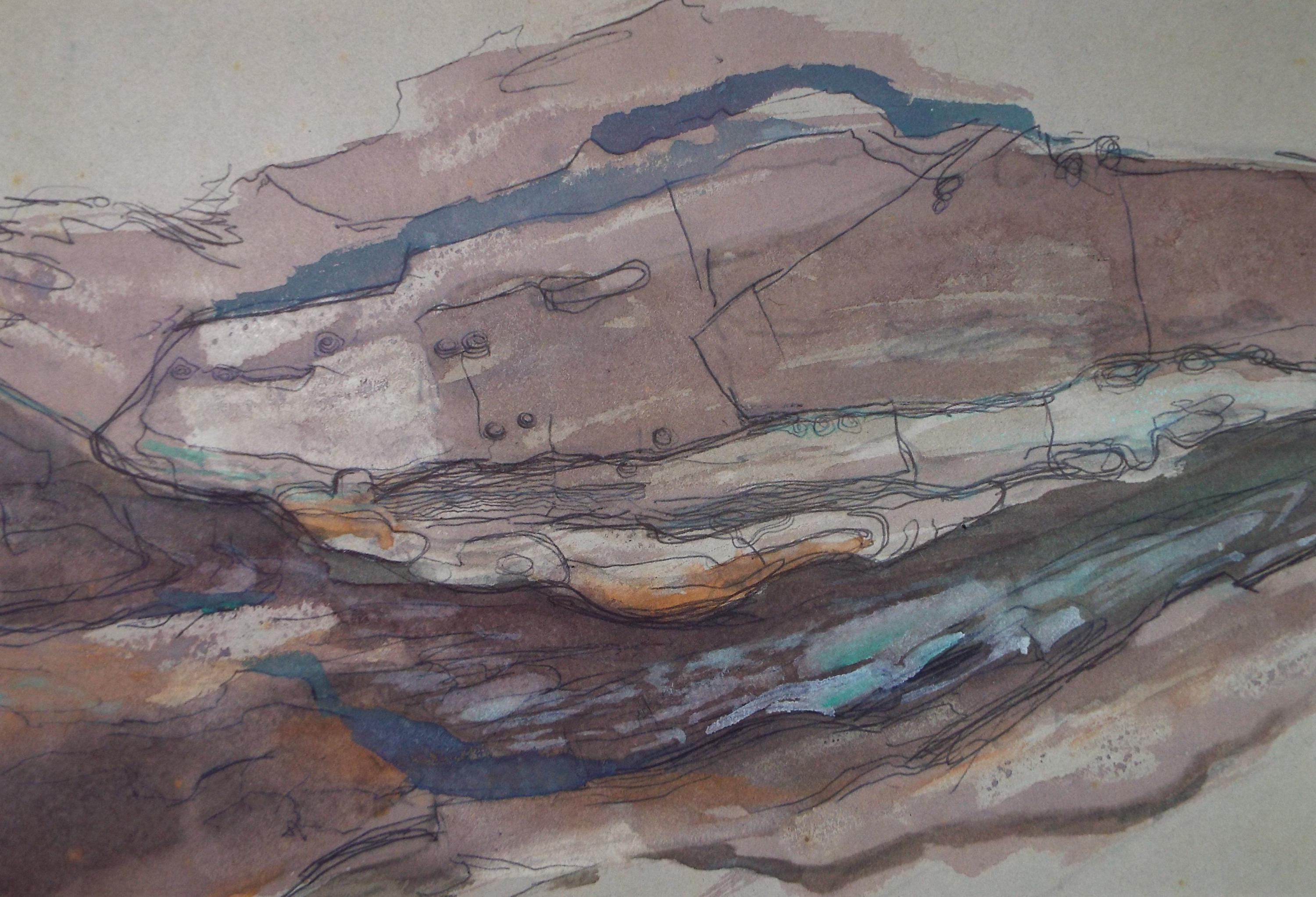 Original Watercolour, 'Rocky Shore', Circa 1980's ,Unknown artist