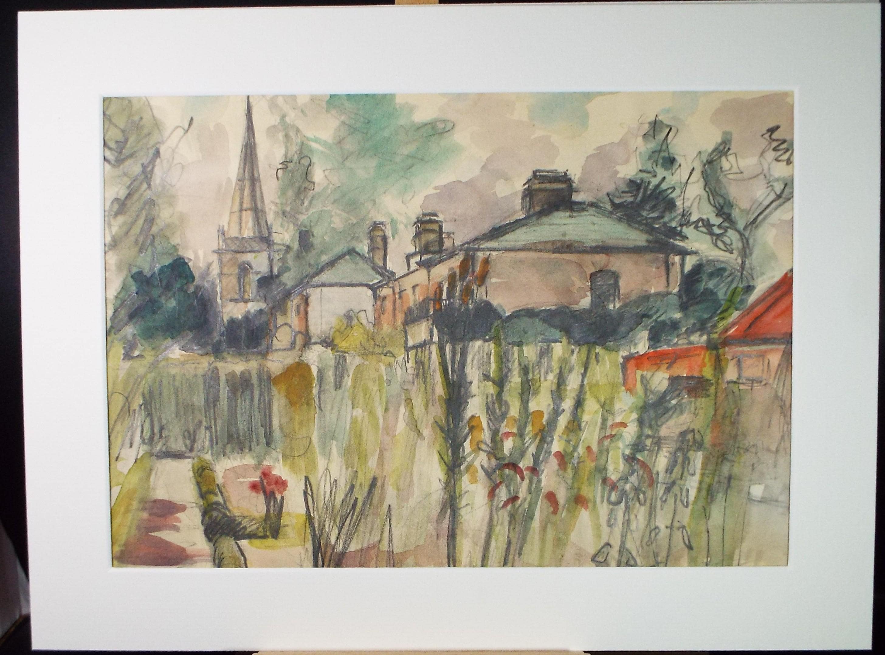 Original Watercolour,'Village scene & cottage garden', Unknown artist, Circa 1960's