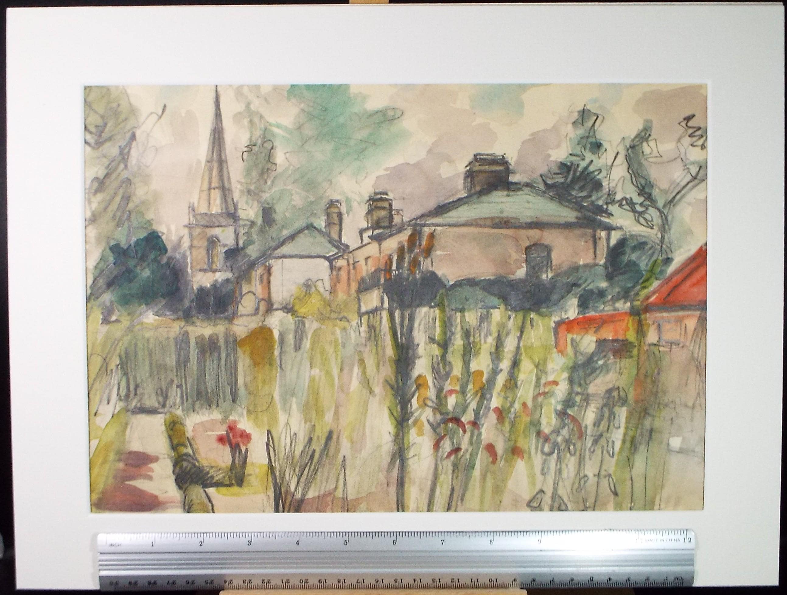 Original Watercolour,'Village scene & cottage garden', Unknown artist, Circa 1960's