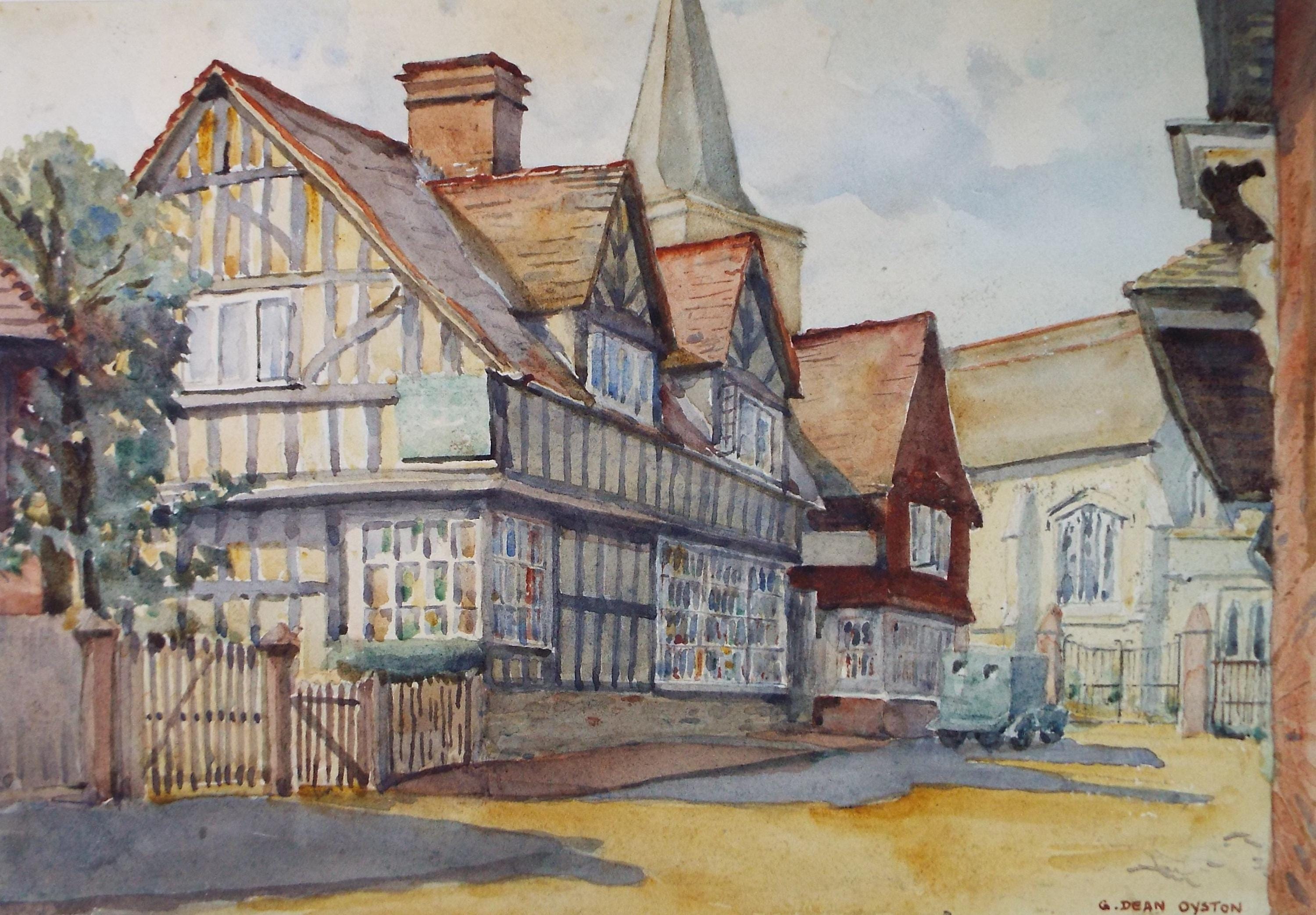 Original Watercolour, 'Half timbered street scene with church', G, Dean Oyston, Circa 1950's