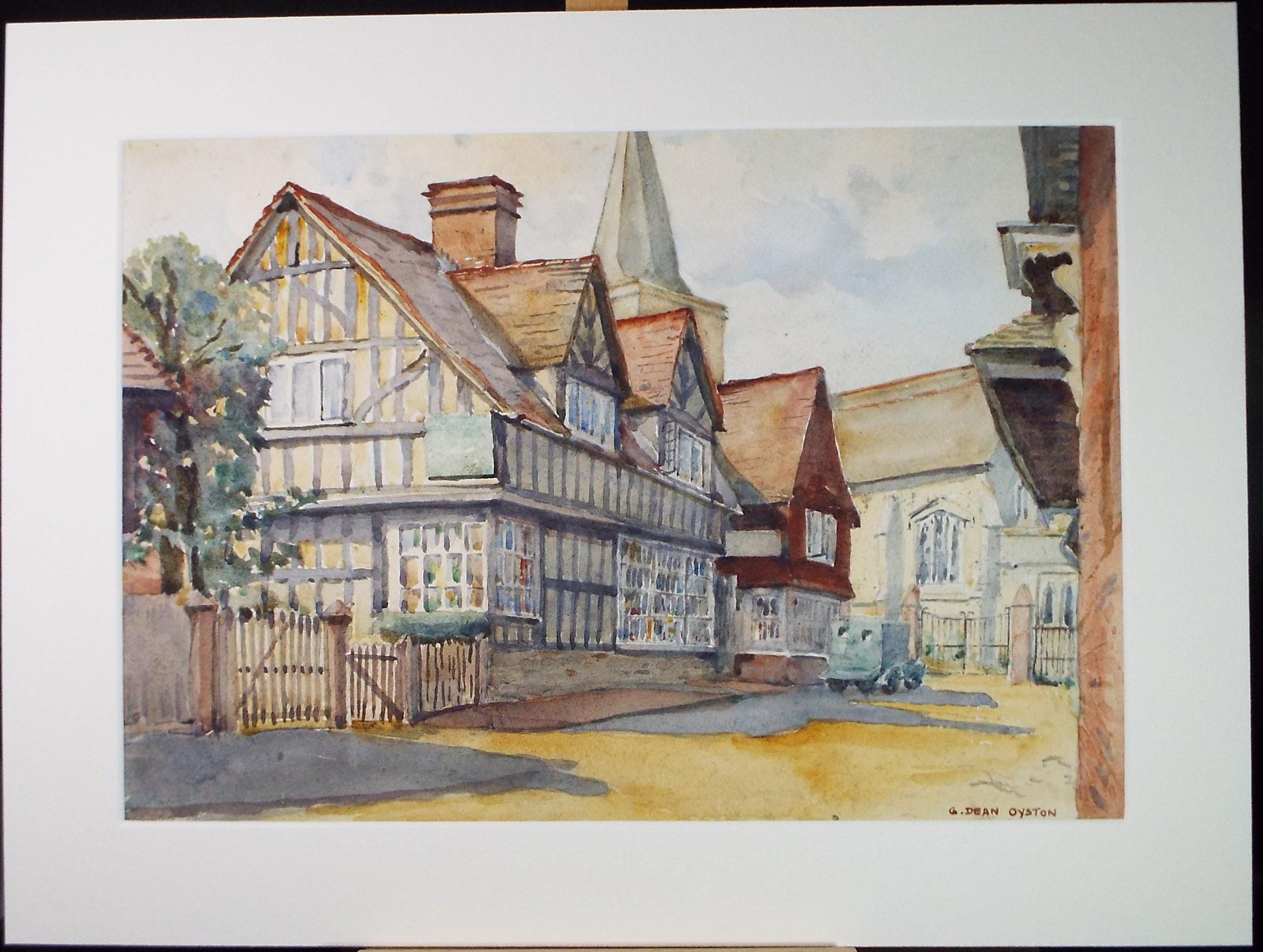Original Watercolour, 'Half timbered street scene with church', G, Dean Oyston, Circa 1950's