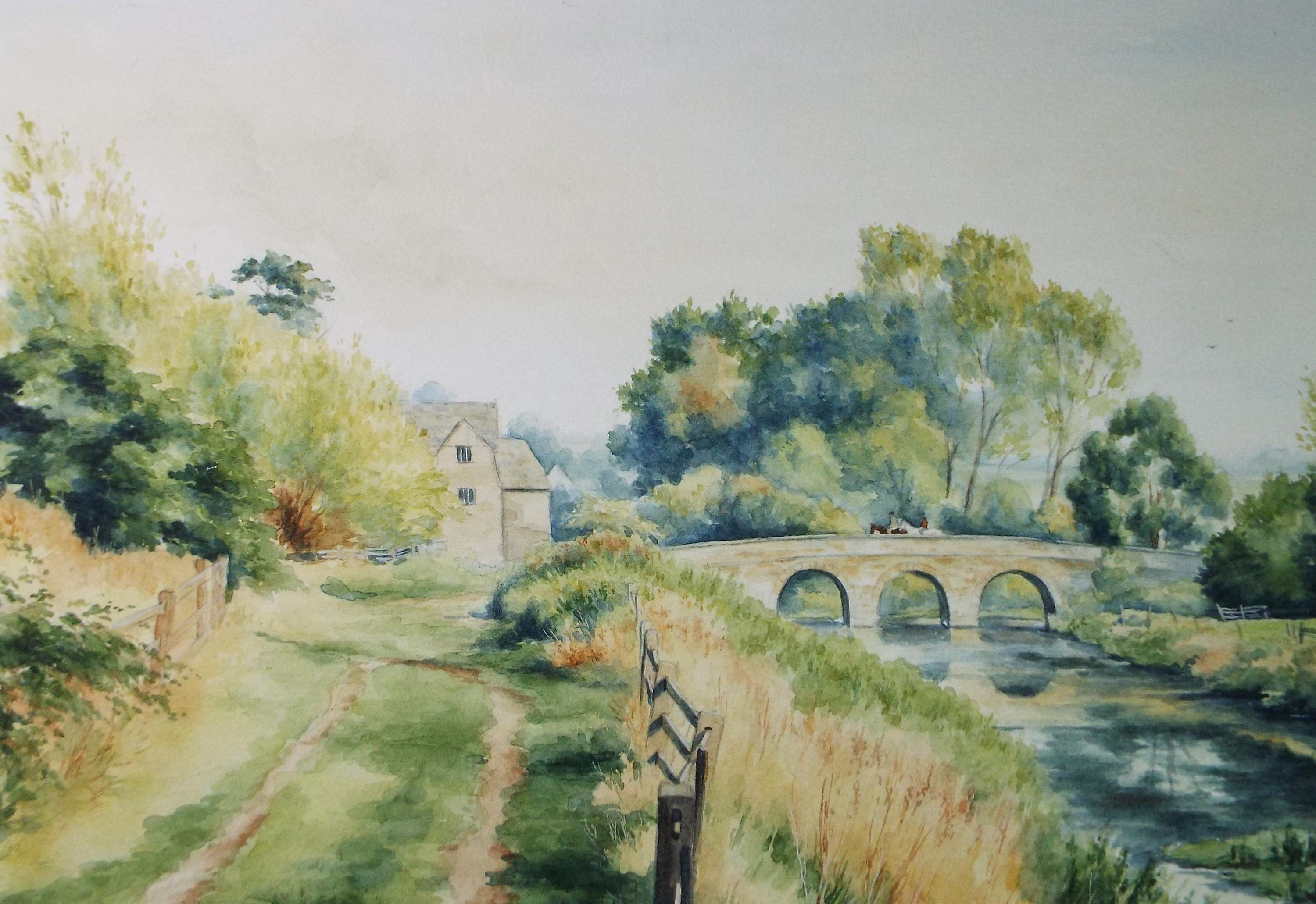 Original Watercolour on Paper, 'River with stone bridge and Watermill', Artist Unknown, Circa 1980's