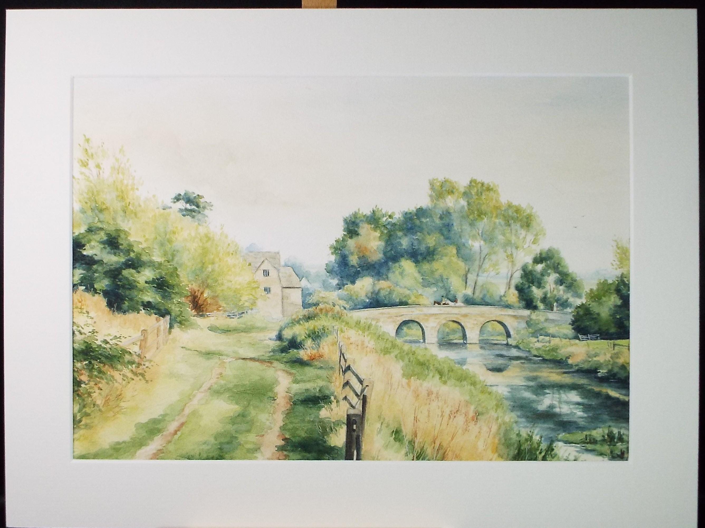 Original Watercolour on Paper, 'River with stone bridge and Watermill', Artist Unknown, Circa 1980's