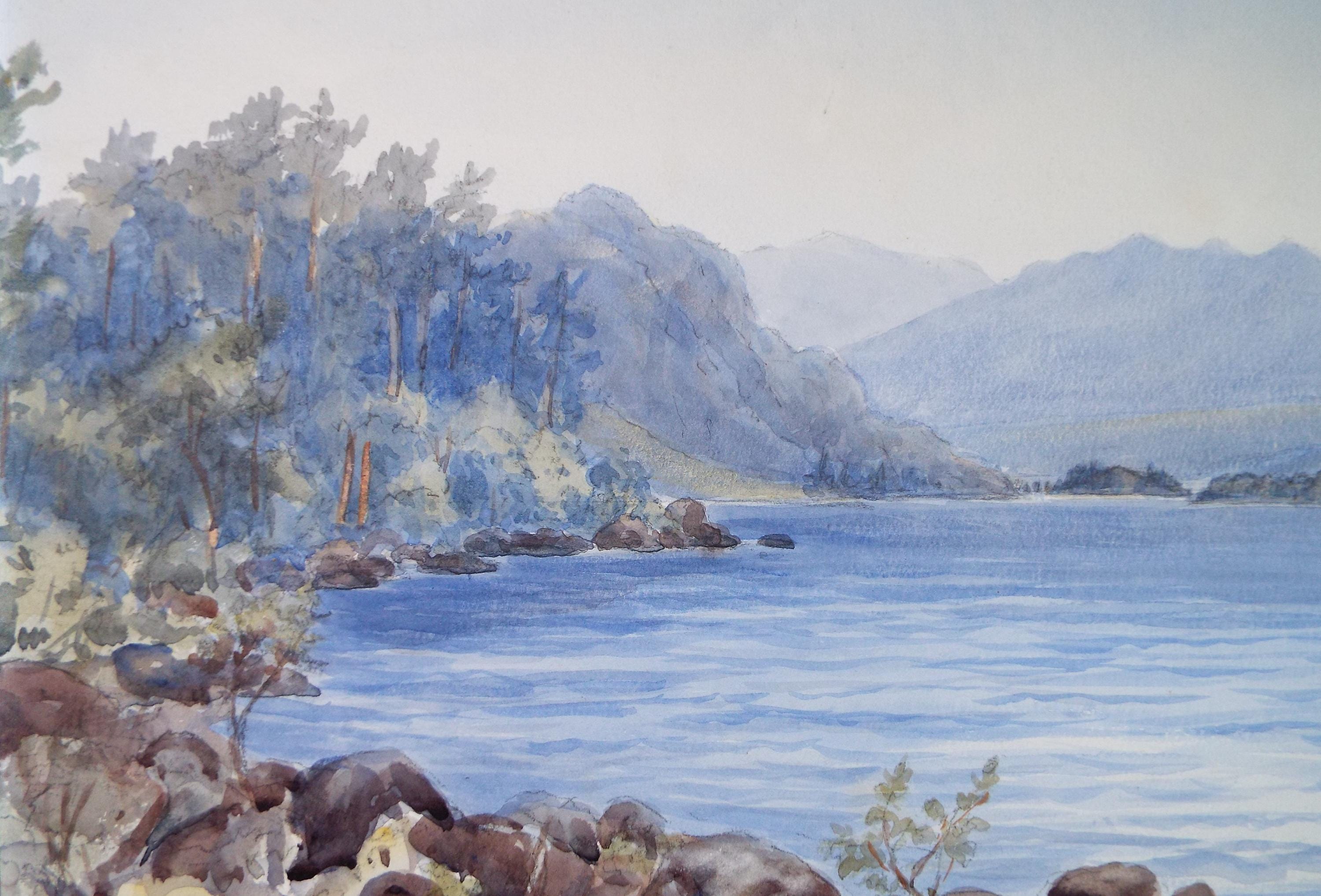 Original Watercolour, 'Lake scene in blue', c1950's, Unknown Artist
