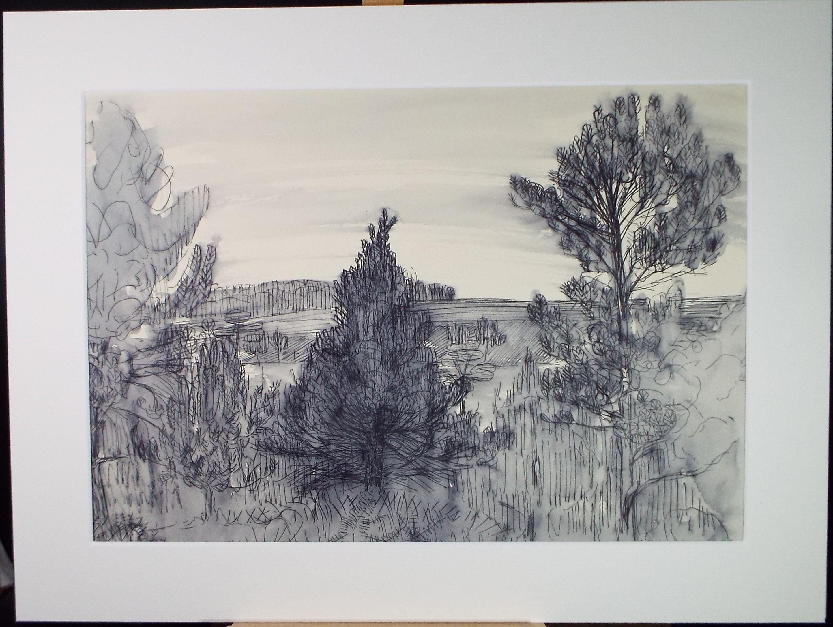 Original Pen & Ink , 'Landscape with distant fields', circa 1960's