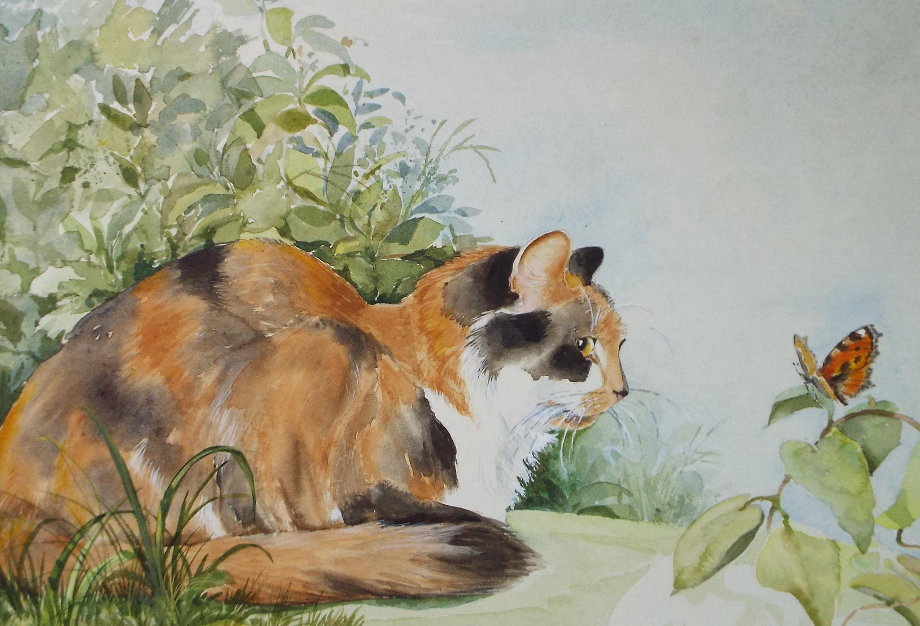 Original Watercolour, 'Tortoiseshell cat & butterfly',P Martins s.o.f.a, Circa 1990's