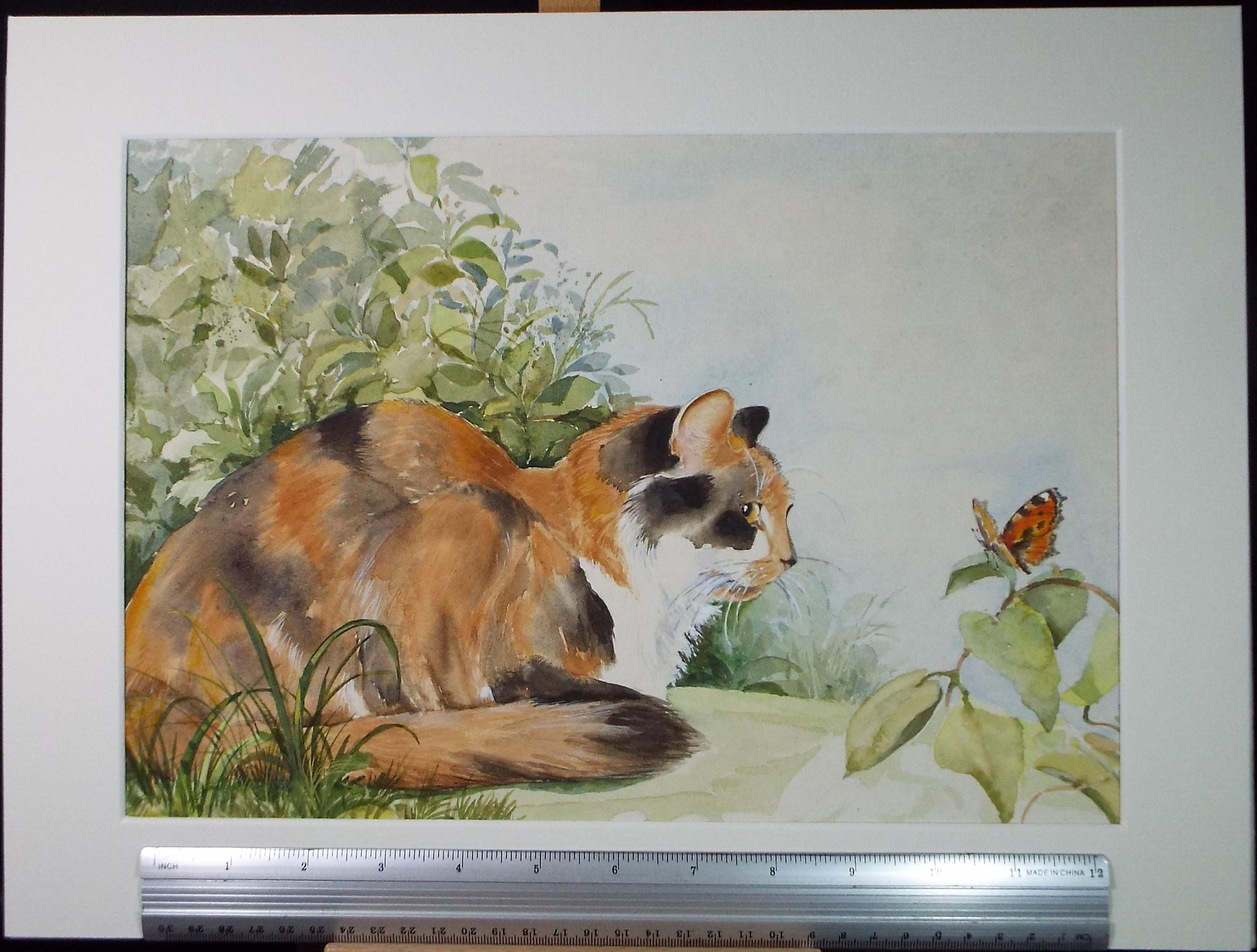 Original Watercolour, 'Tortoiseshell cat & butterfly',P Martins s.o.f.a, Circa 1990's