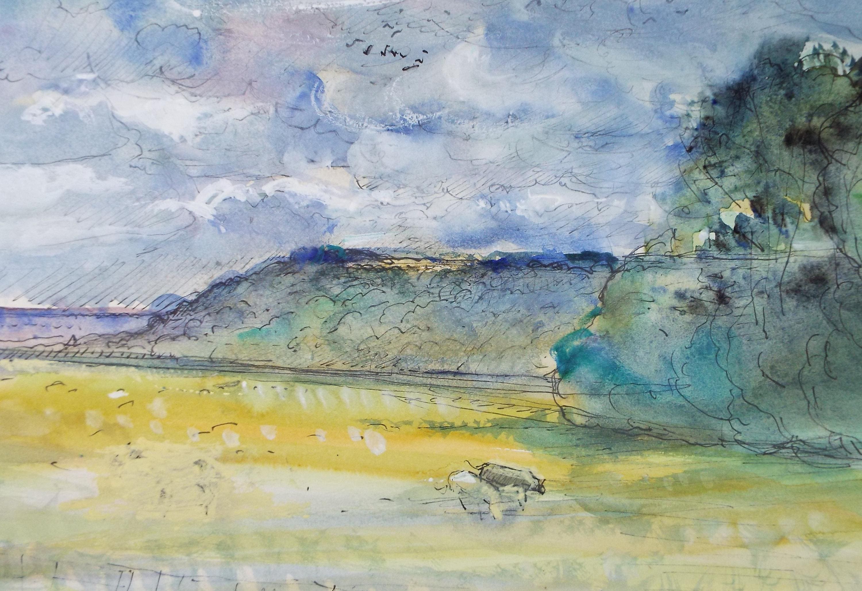 Original Watercolour & ink, 'Landscape with Cattle' - John Gilbey Bowes (1929-2011), Circa 1990's