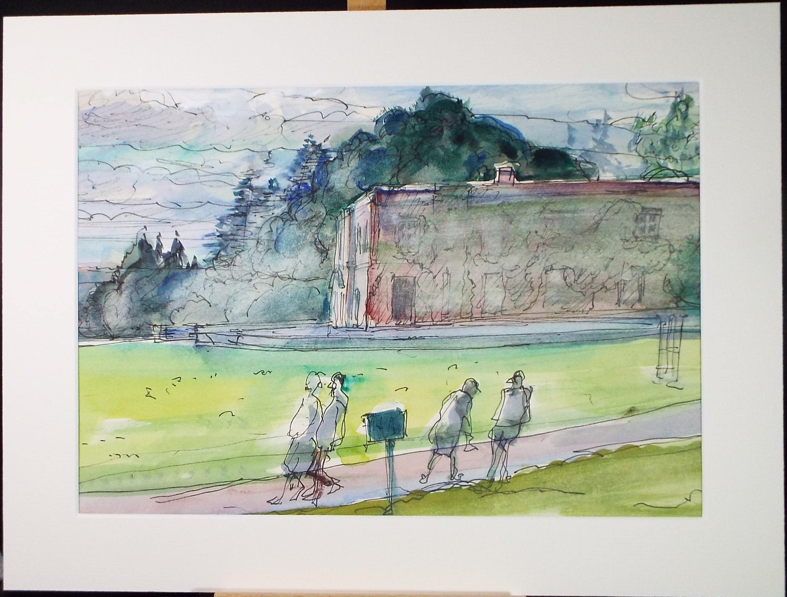 Original Watercolour & Ink, 'Stately home with figures', John Gilbey Bowes (1929-2011), Circa 1990's