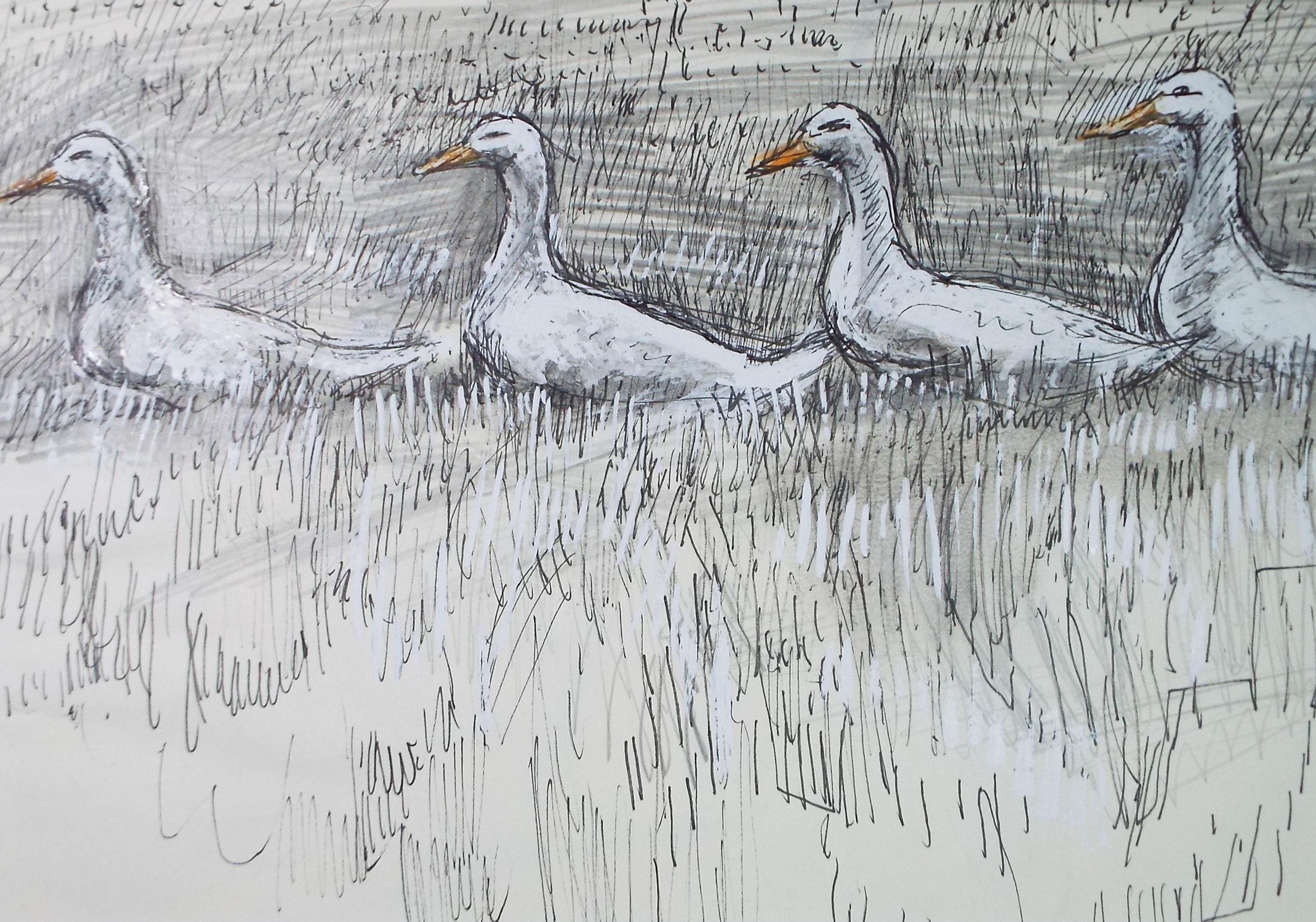 Original Gouache & Ink, 'Four Geese', John Gilbey Bowes (1929-2011), Circa 1990's