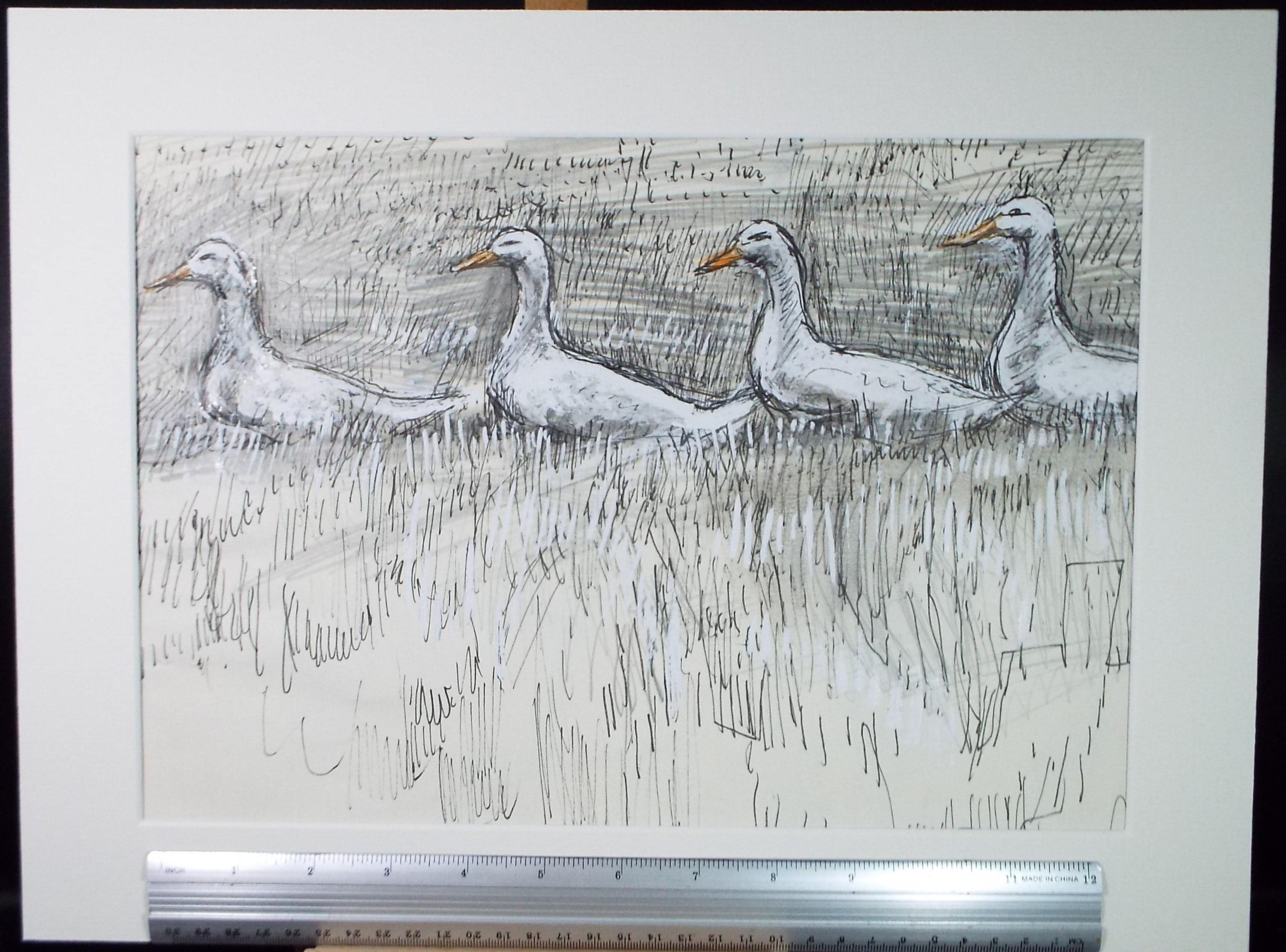 Original Gouache & Ink, 'Four Geese', John Gilbey Bowes (1929-2011), Circa 1990's