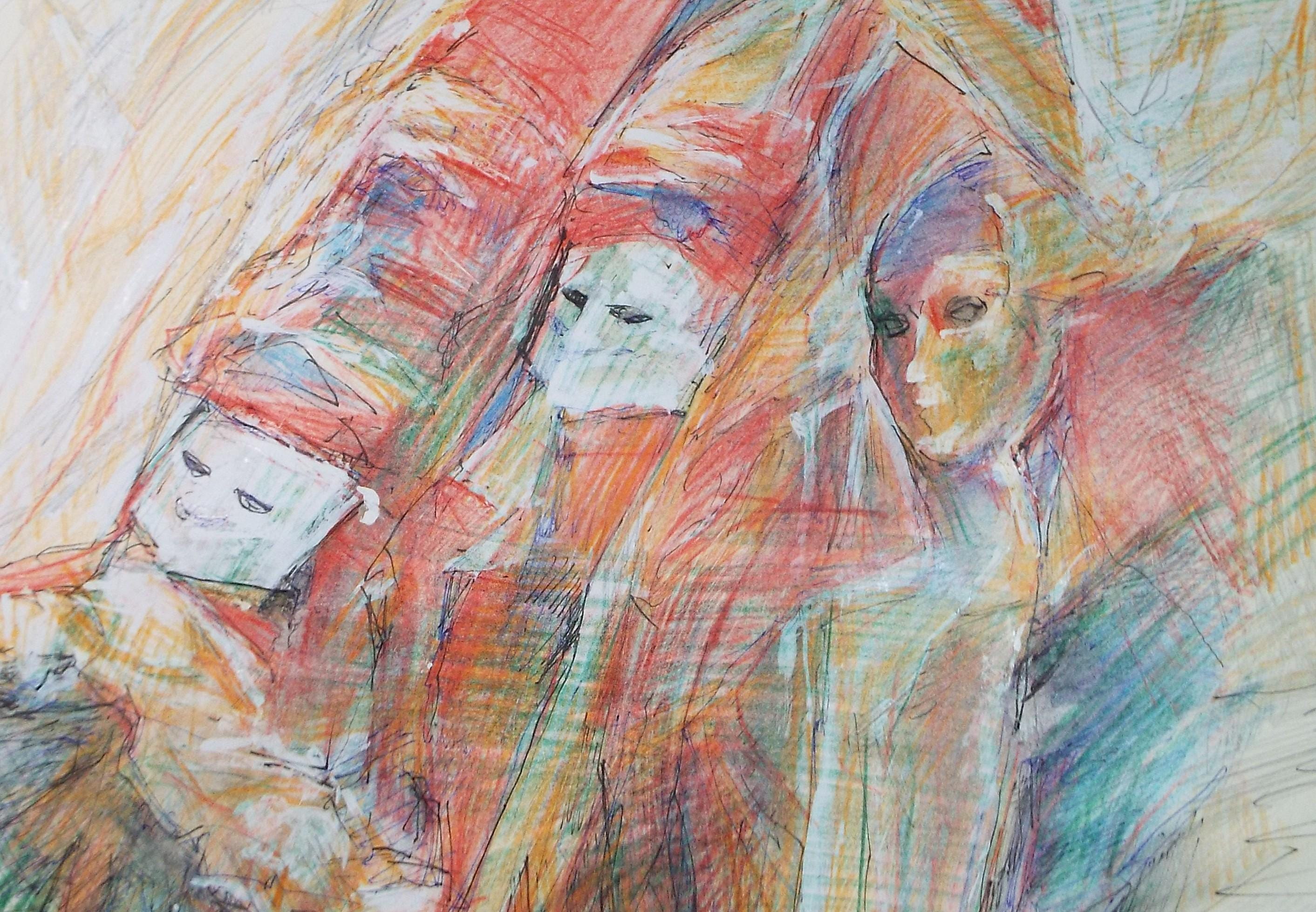 Original Coloured pencil with white, 'Three Figures', John Gilbey Bowes (1929-2011), Circa 1990's
