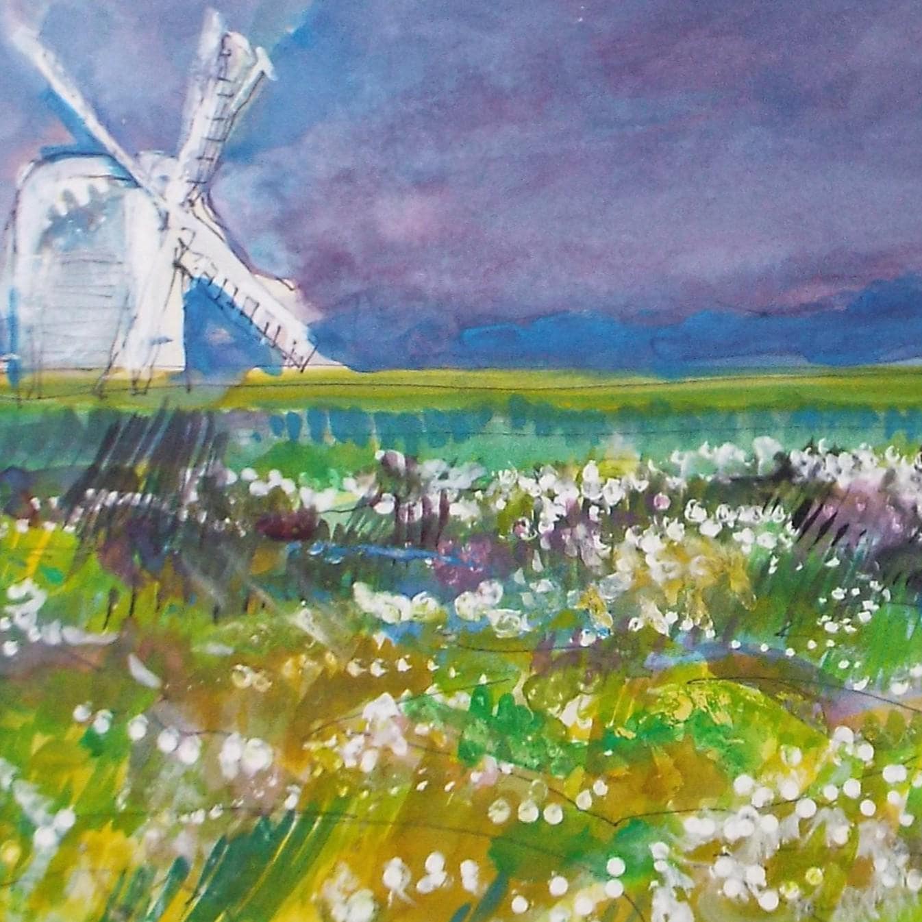 Original Watercolour & Gouache, 'Summer meadow with Windmill', John Gilbey Bowes (1929-2011), Circa 1990's
