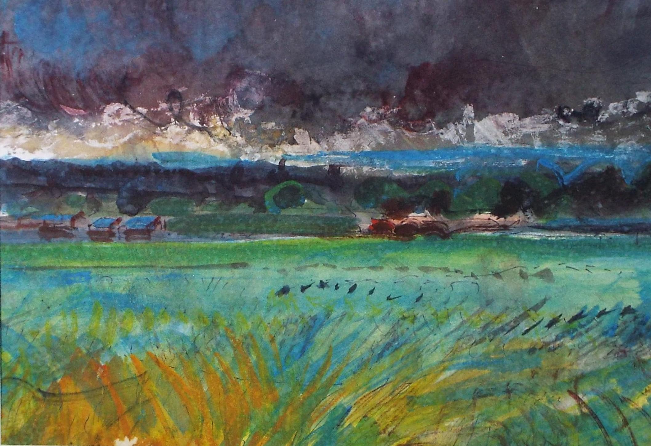 Original Watercolour, 'Fields below as stormy sky', John Gilbey Bowes (1929-2011), Circa 1990's