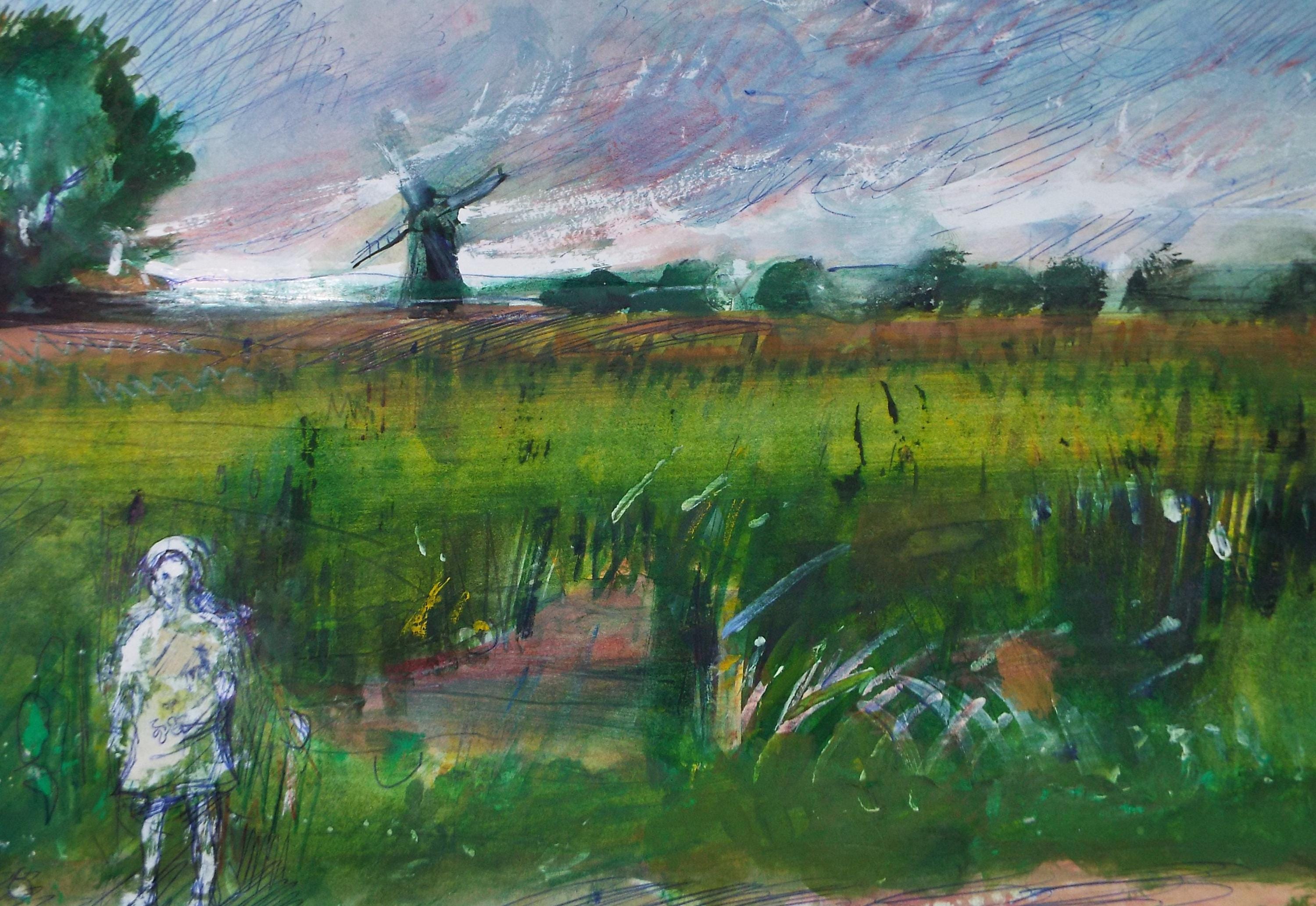 Original Pencil and Gouache, 'Summer Meadow, windmill & figure', John Gilbey Bowes (1929-2011), Circa 1990's