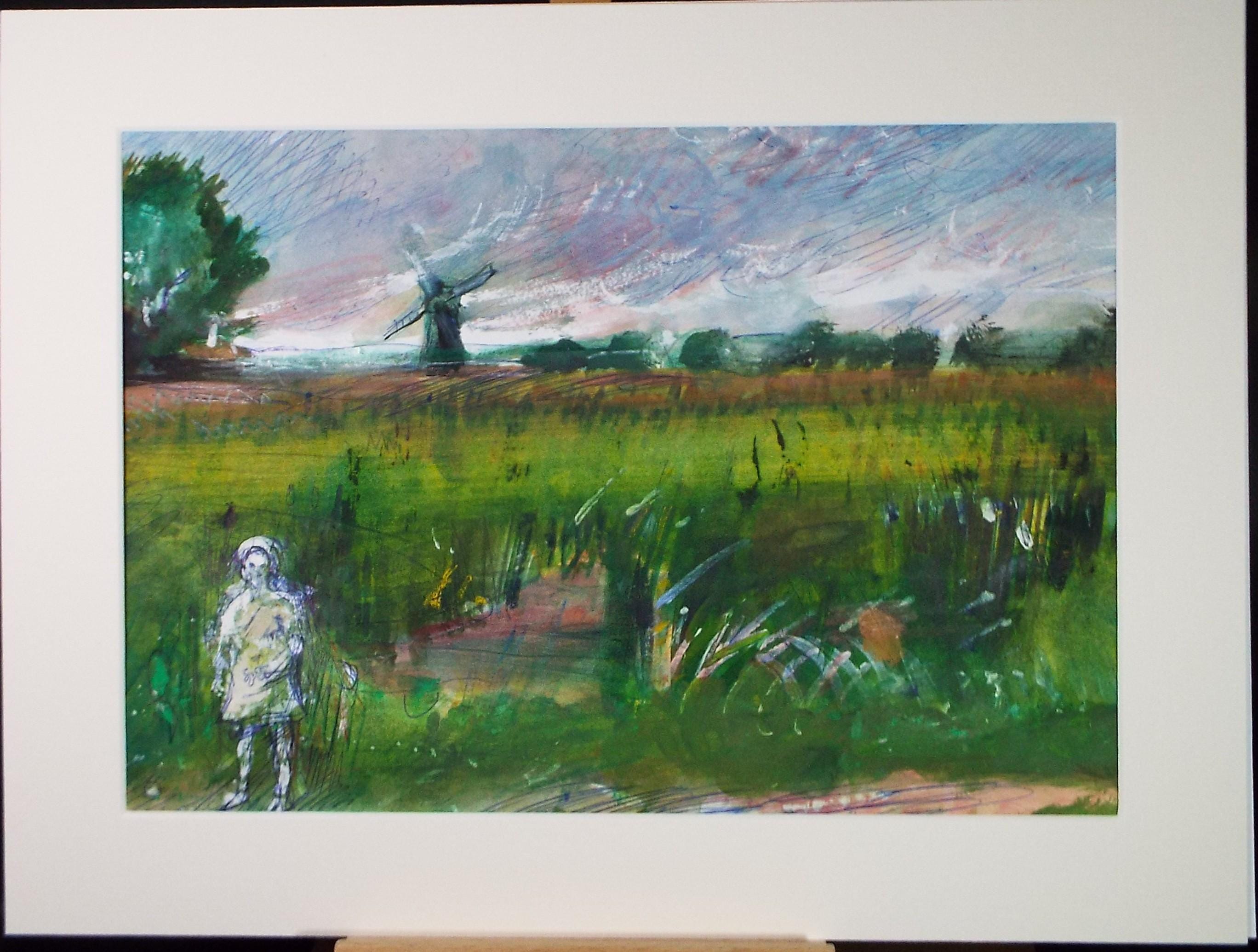 Original Pencil and Gouache, 'Summer Meadow, windmill & figure', John Gilbey Bowes (1929-2011), Circa 1990's