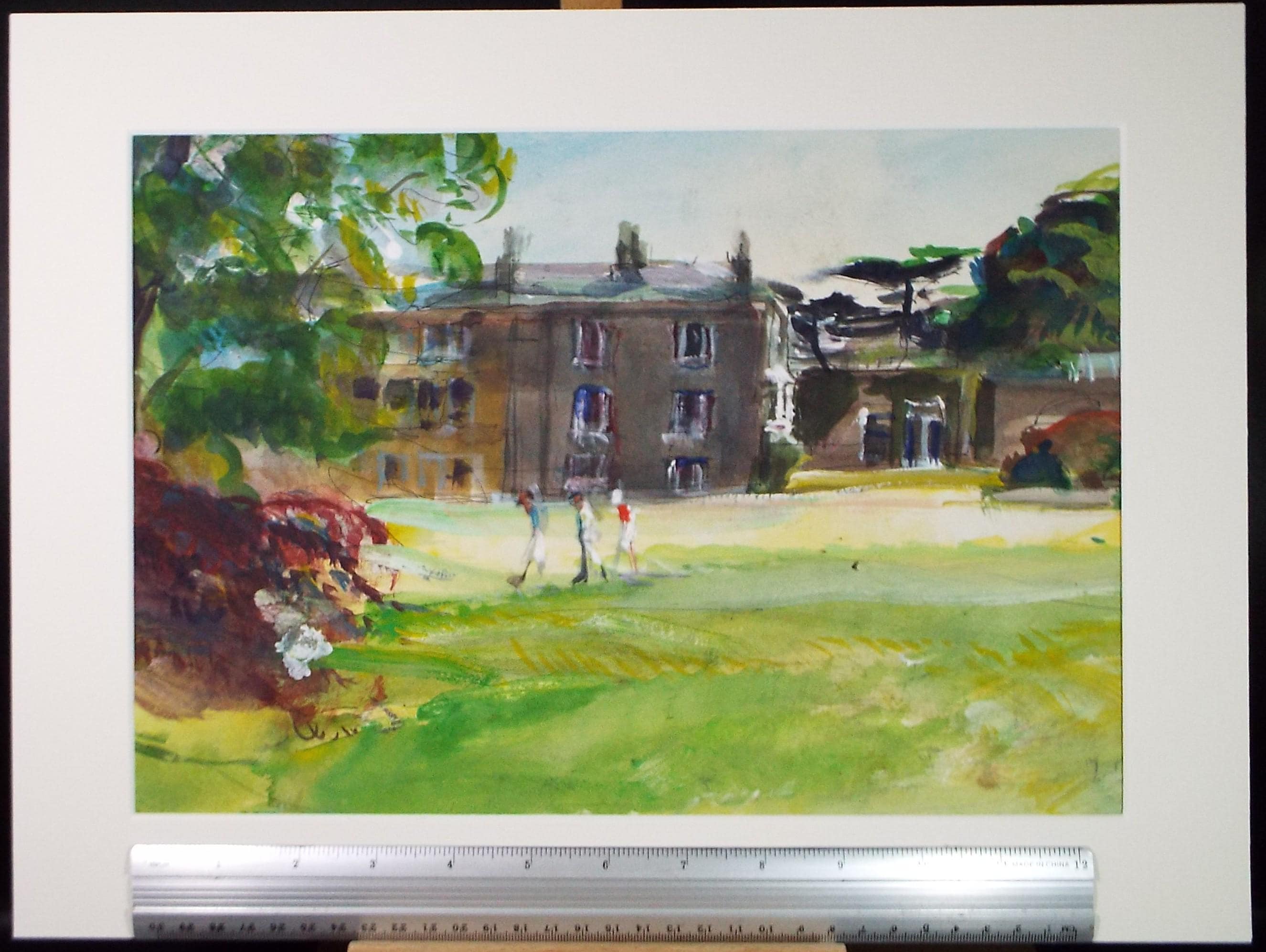 Original Watercolour & Ink, 'Stately home with figures', John Gilbey Bowes (1929-2011), Circa 1990's