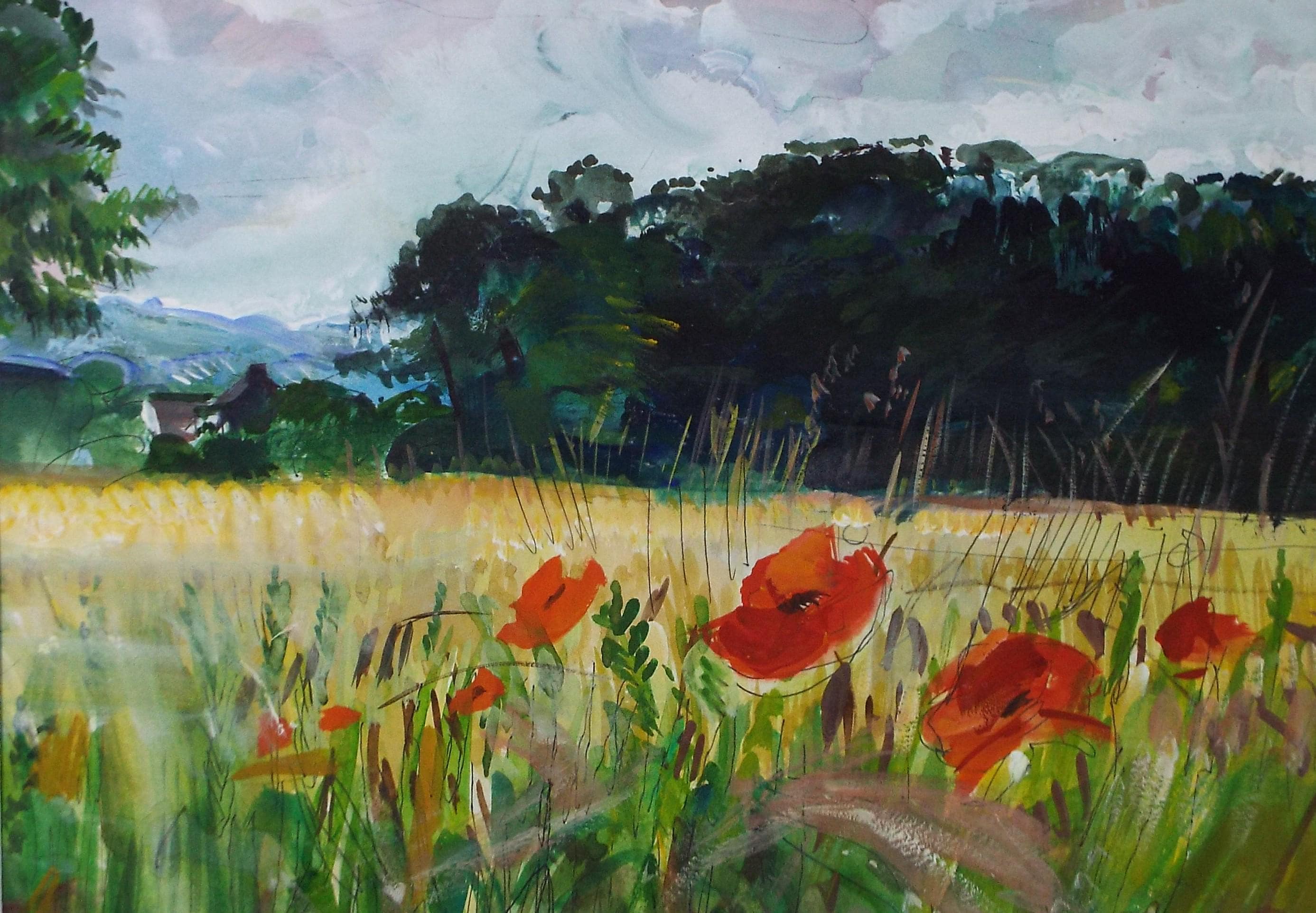 Watercolour and Gouache, 'Cornfield with poppies', John Gilbey Bowes (1929-2011), Circa 1990's