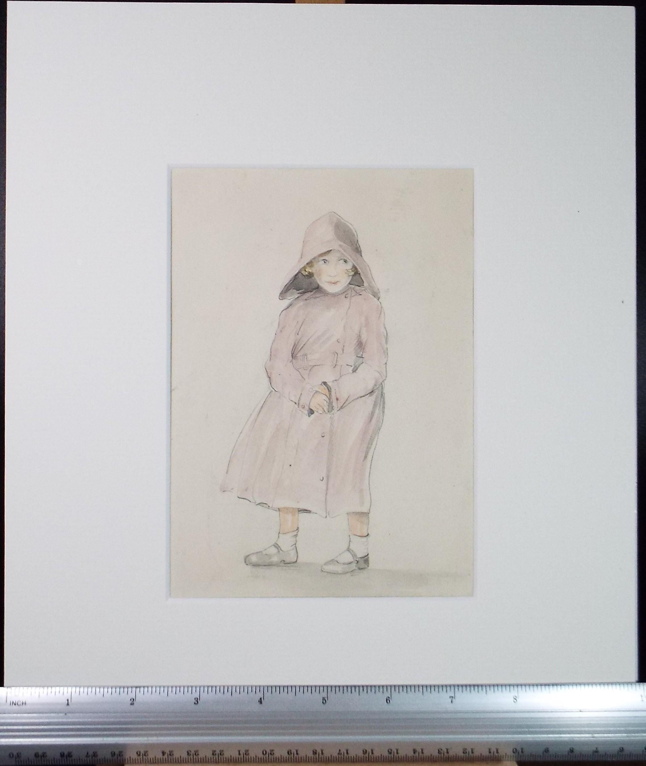 Original Watercolour, 'Girl in a Raincoat', circa 1930's, Artist Unknown