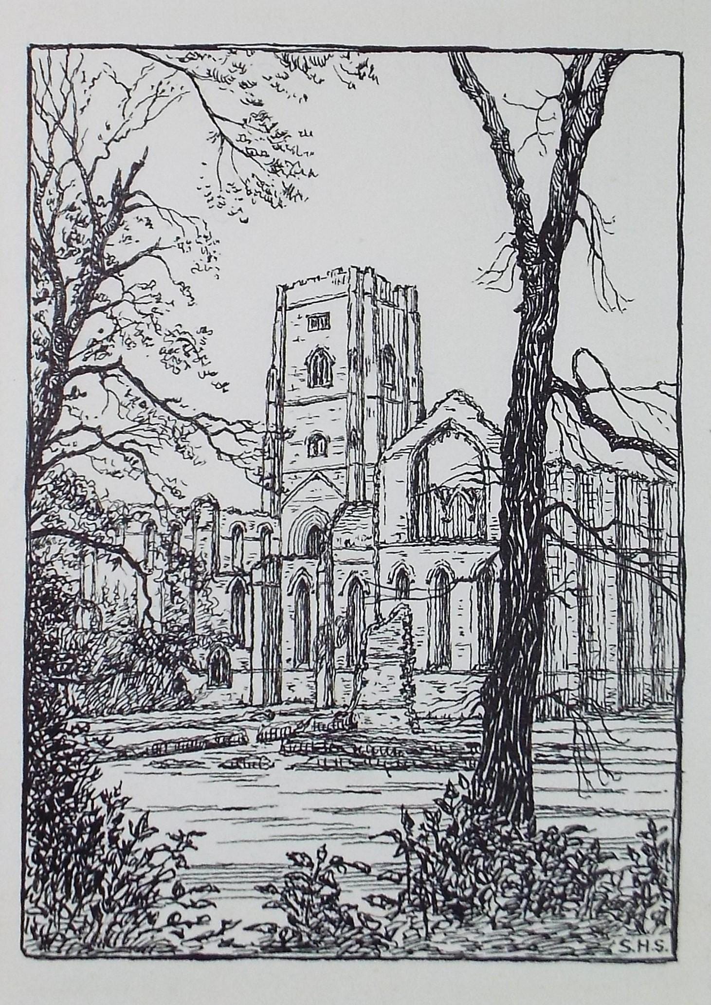 Original Pen & ink Sketch, 'Fountains Abbey', S A Southern, circa 1910