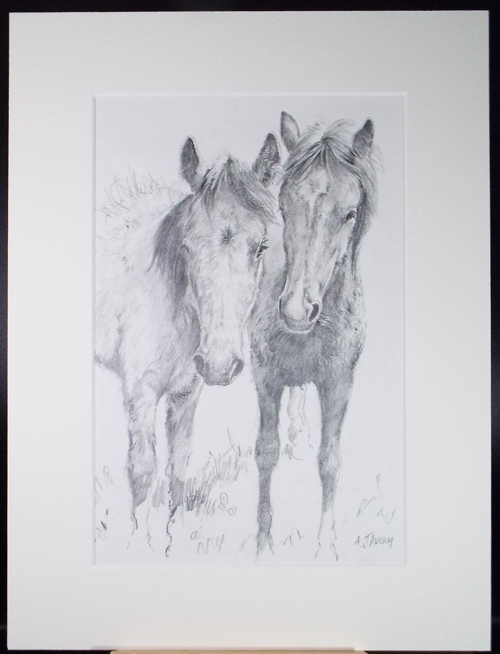 Original Pencil drawing, 'Two Ponies', A Javery, circa 1980's