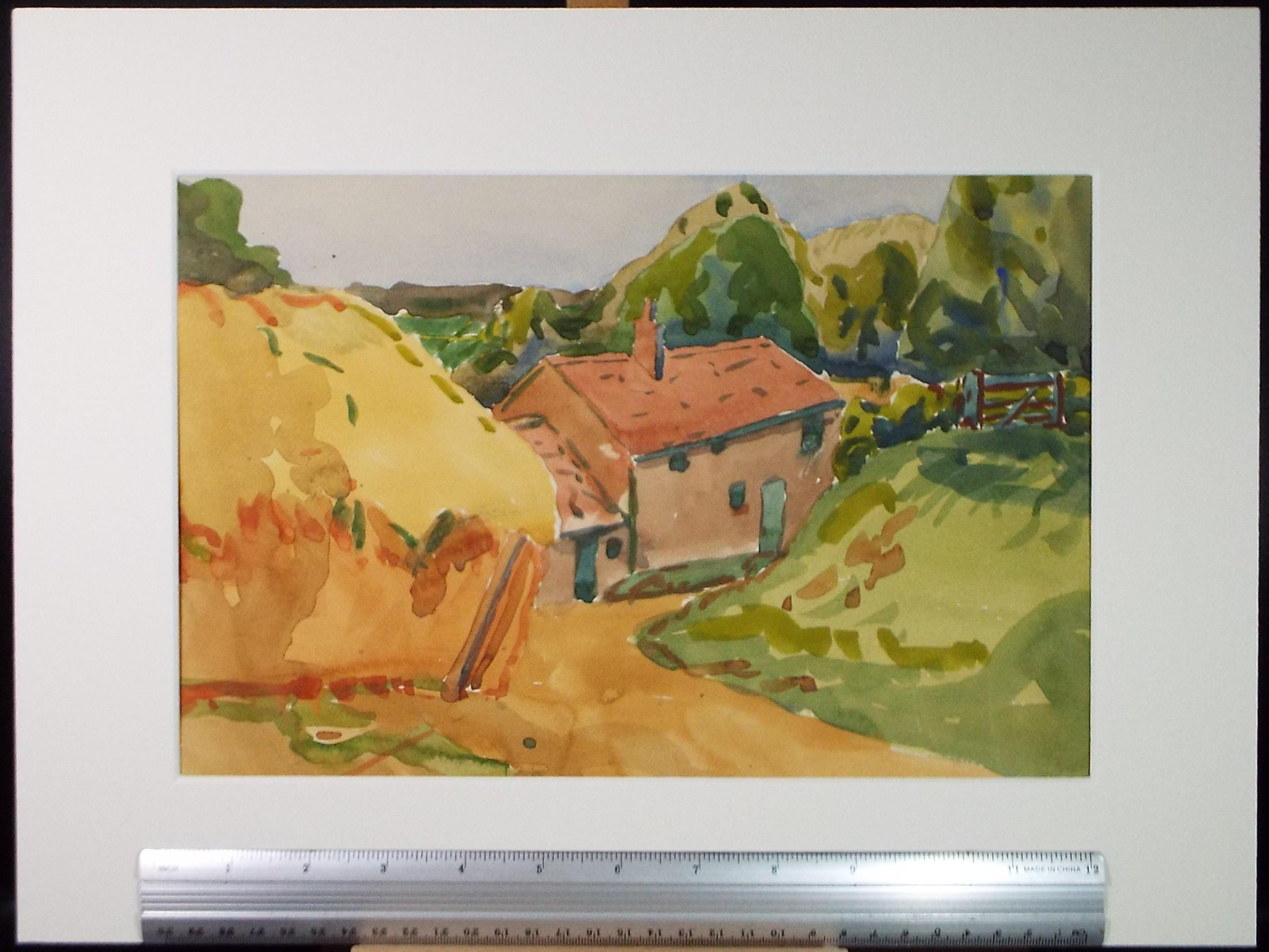 Original Watercolour, 'Farmhouse and haystack', unknown artist, circa 1970's