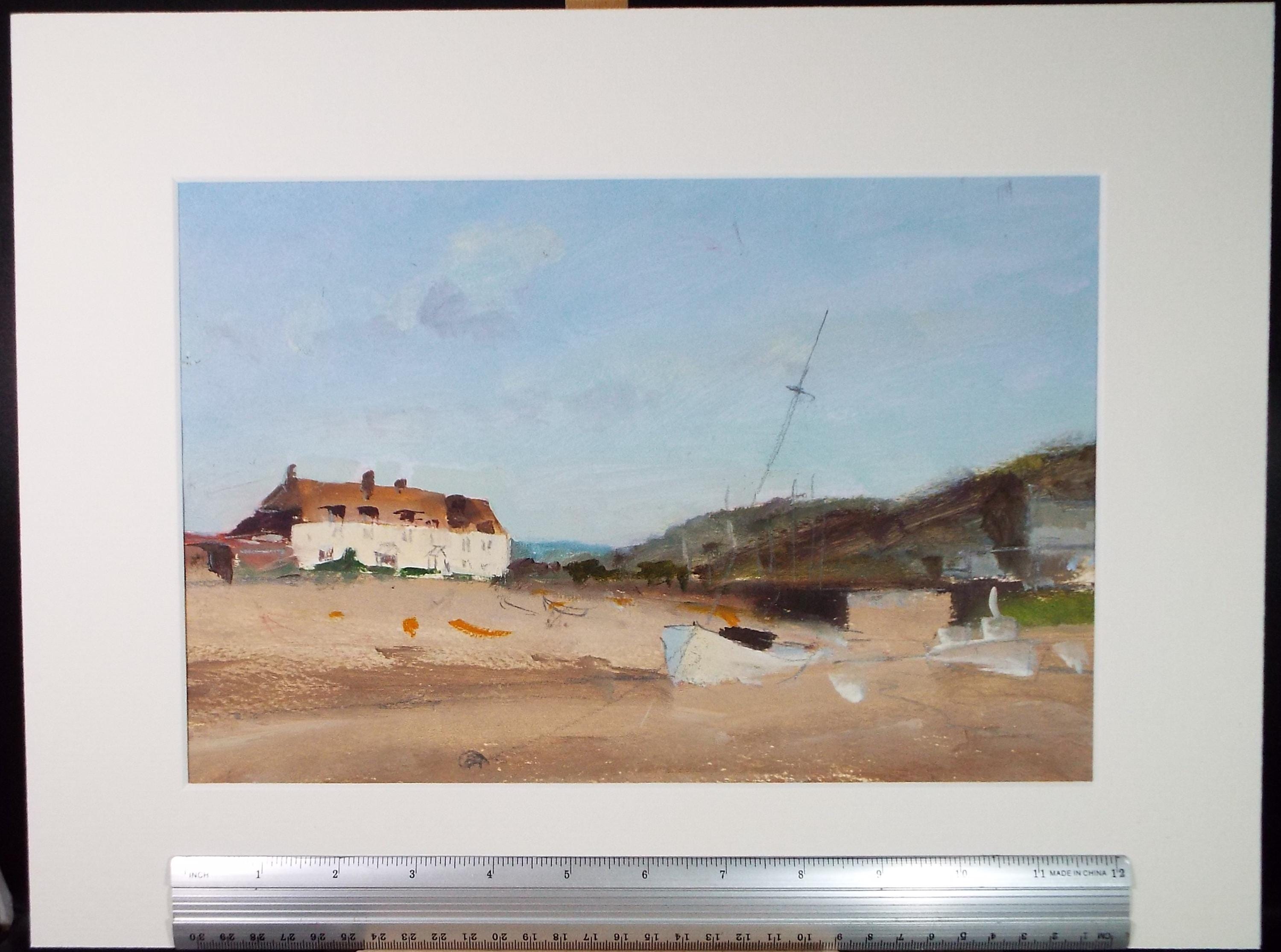 Original Gouache, 'Coastal Cottages with boats', Circa 1980's, Artist Unknown