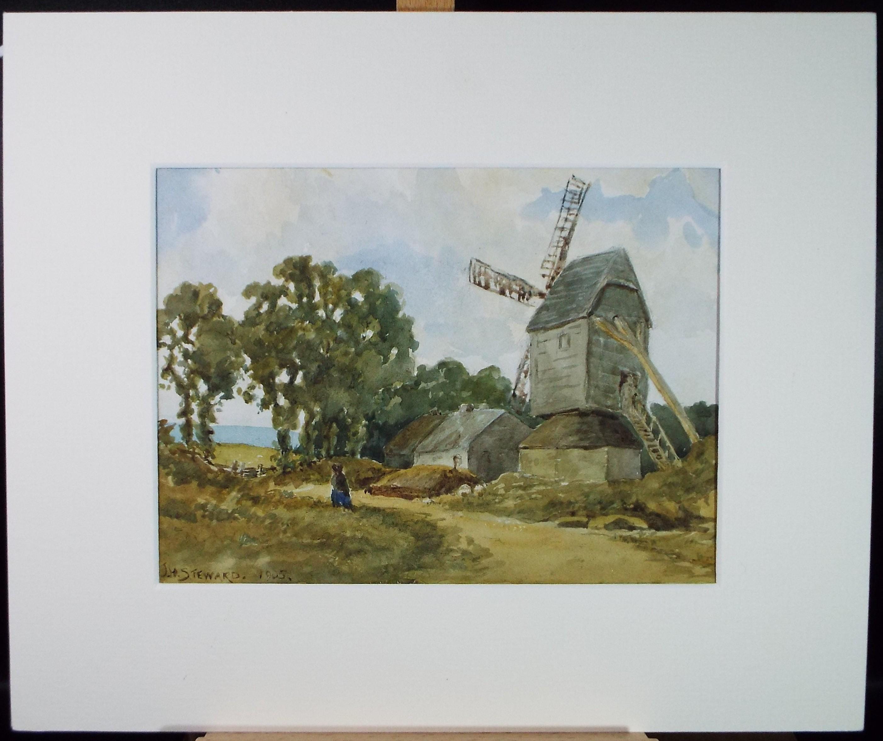 Original Watercolour Drawing, 'Figure before a Windmill', J H Steward, Dated 1905