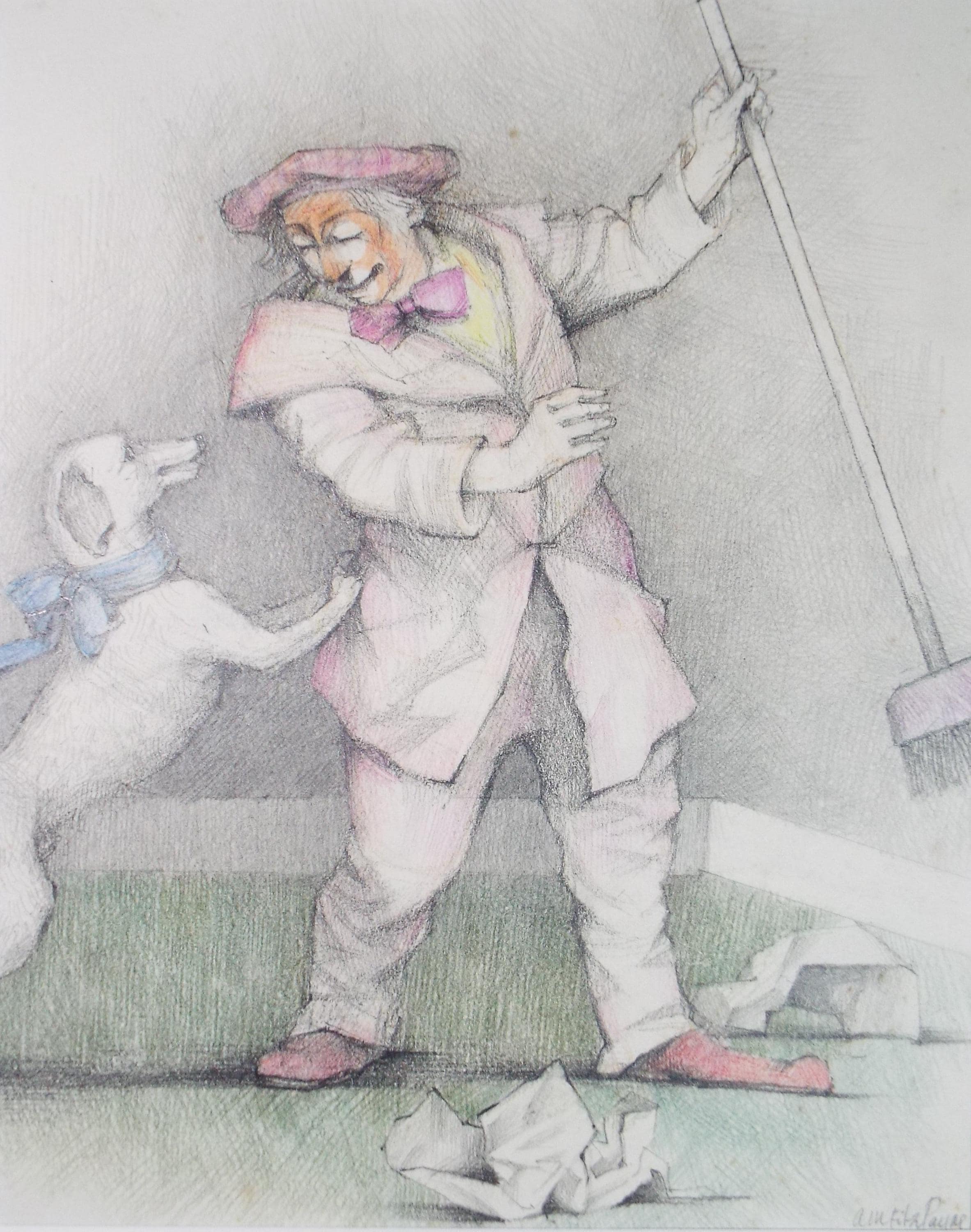 Coloured pencil Drawing, 'Clown with dog and broom', c1990s,Alice Mary Fitzpayne (b.1928)