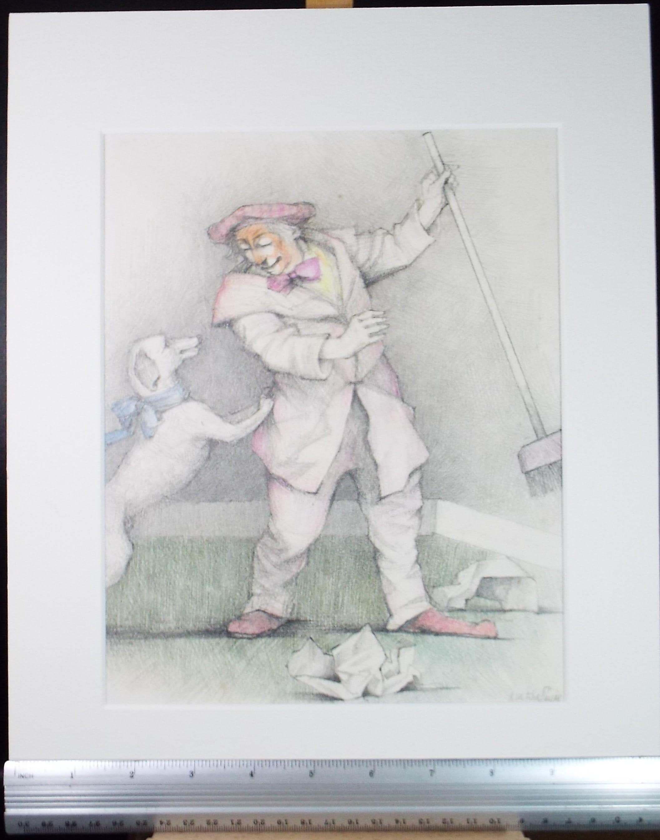 Coloured pencil Drawing, 'Clown with dog and broom', c1990s,Alice Mary Fitzpayne (b.1928)