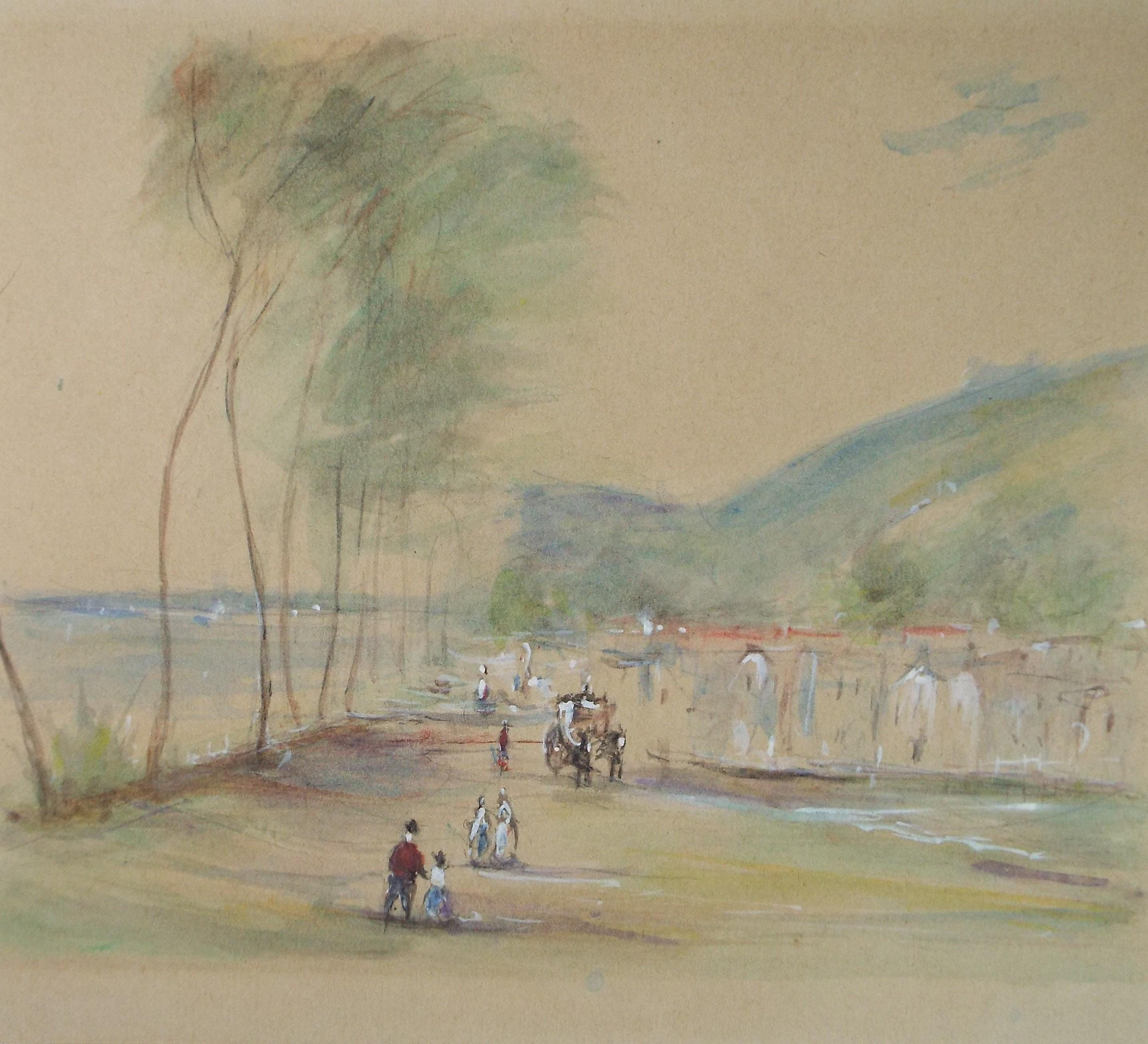 Watercolour, 'Figures and carriages by the river', Unknown artist, Circa 1900
