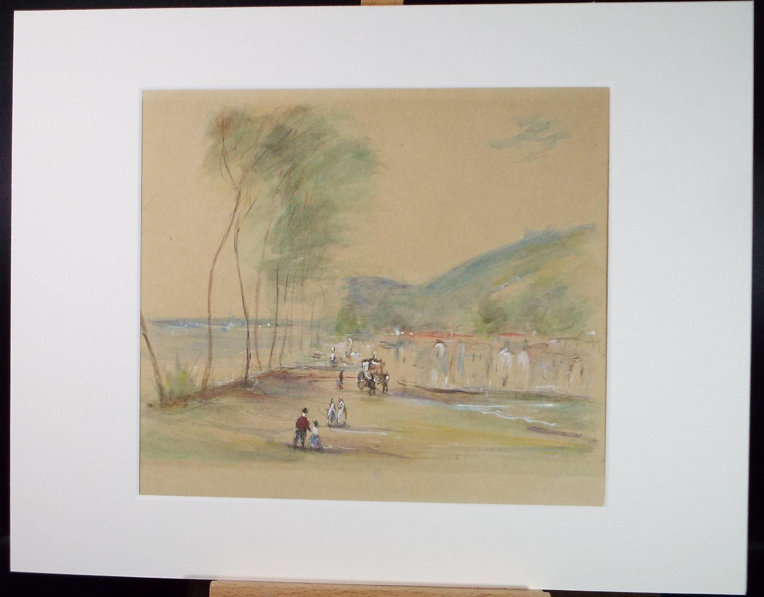 Watercolour, 'Figures and carriages by the river', Unknown artist, Circa 1900