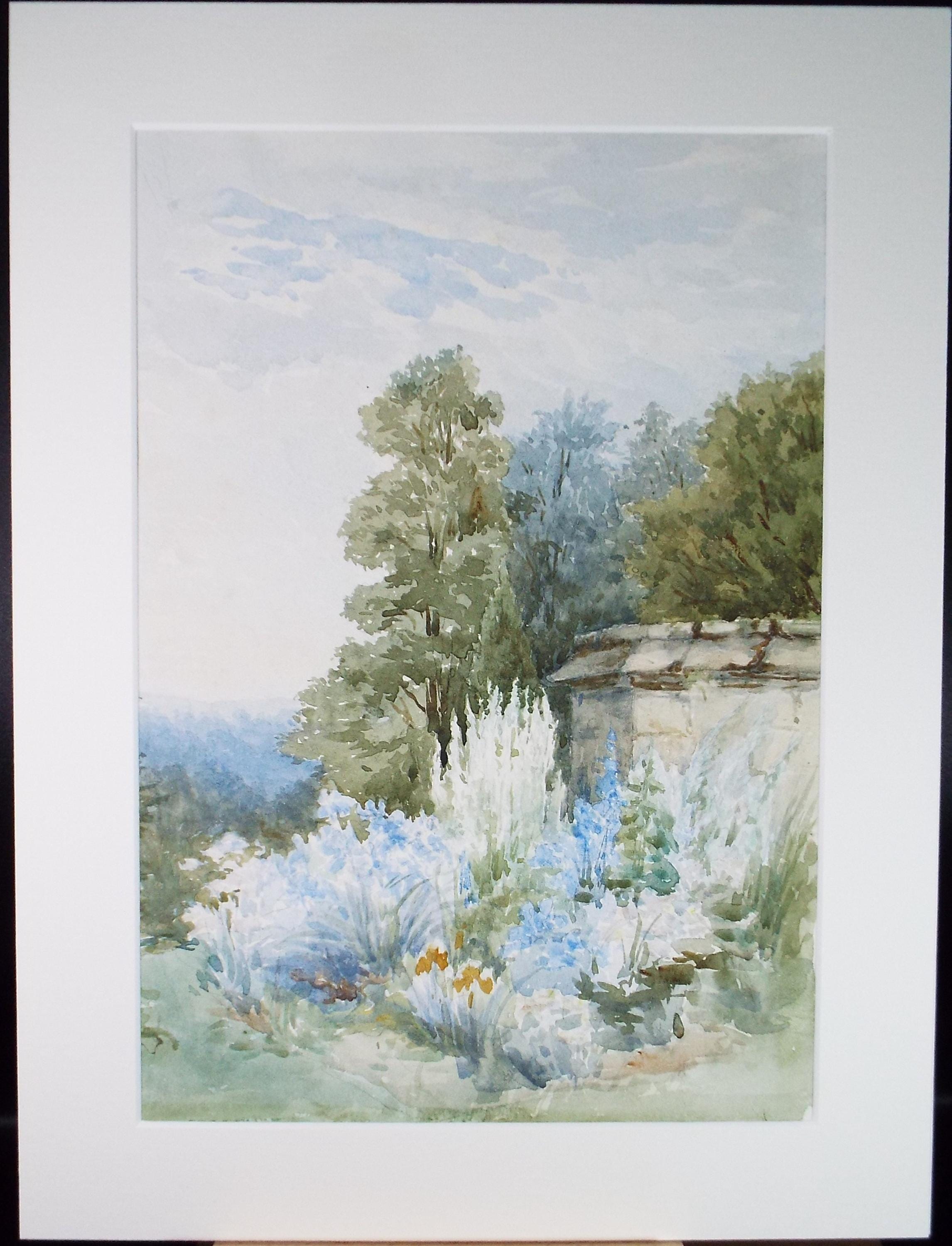 Original Watercolour, 'Herbaceous border in blue', Late 19th Century, Artist Unknown