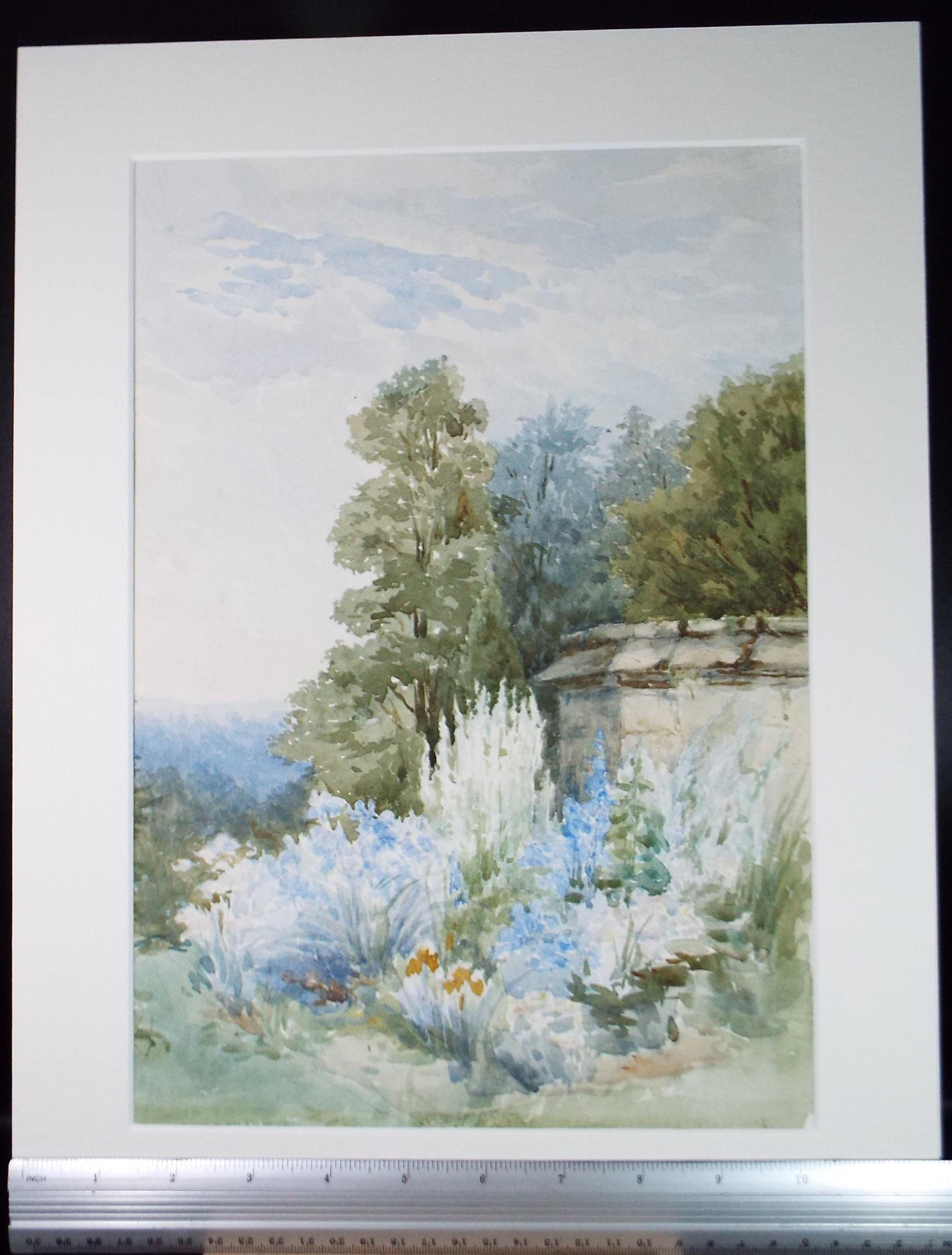 Original Watercolour, 'Herbaceous border in blue', Late 19th Century, Artist Unknown