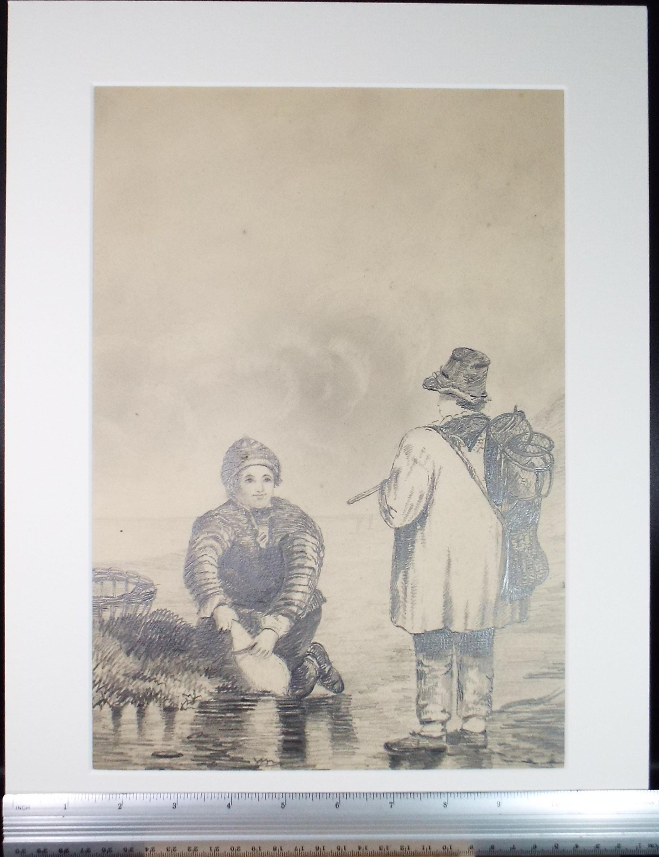 Original Pencil drawing, 'Fishers on the Shore', Unknown Artist, late 19th Century