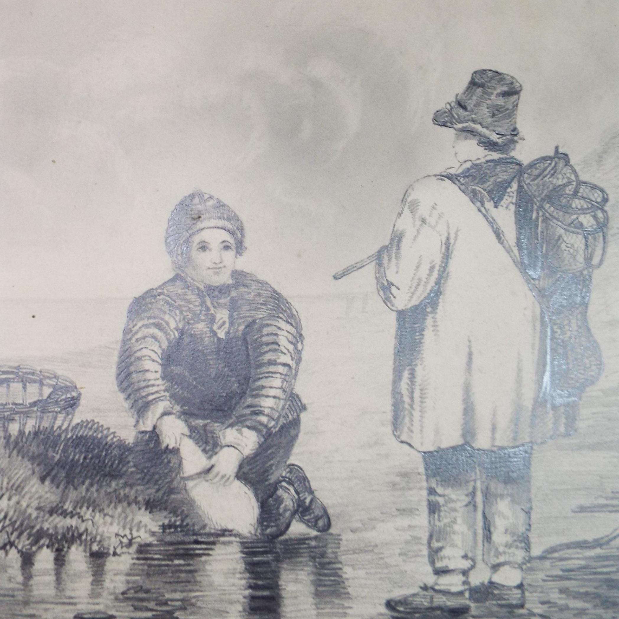 Original Pencil drawing, 'Fishers on the Shore', Unknown Artist, late 19th Century
