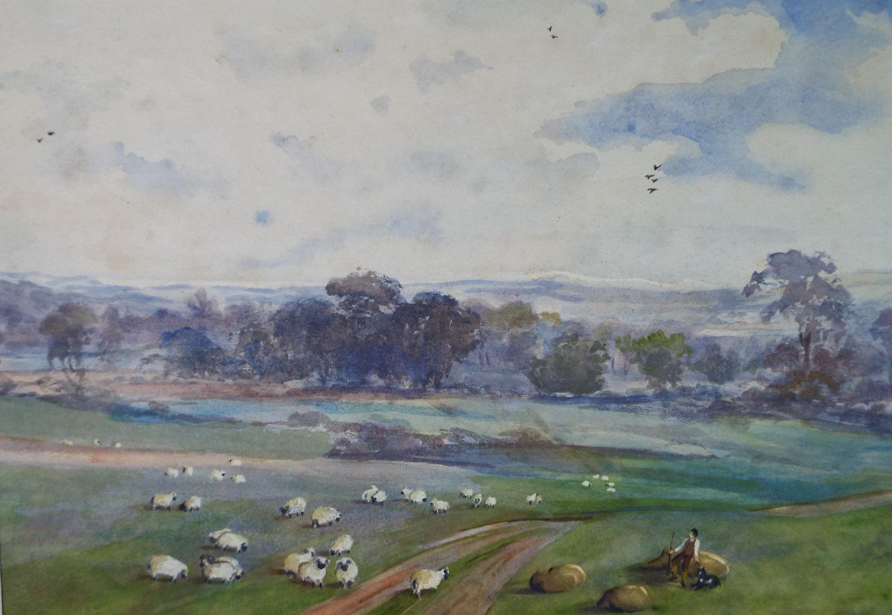 Original Watercolour, 'Sheep with Shepherd & Dog', Late 20th Century, Unknown artist