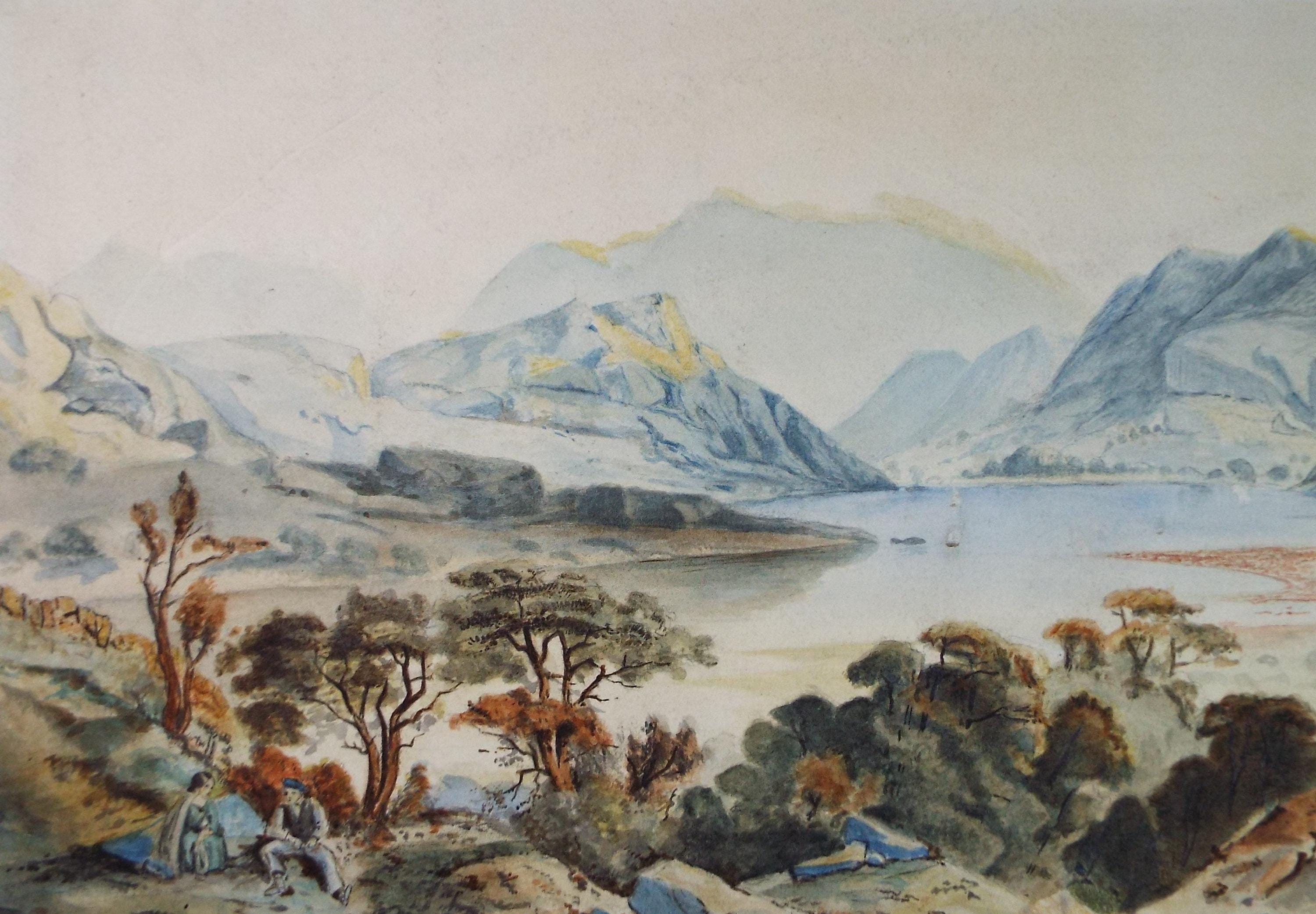 Original Watercolour, 'Lake with figures', Late 19th Century, Artist unknown