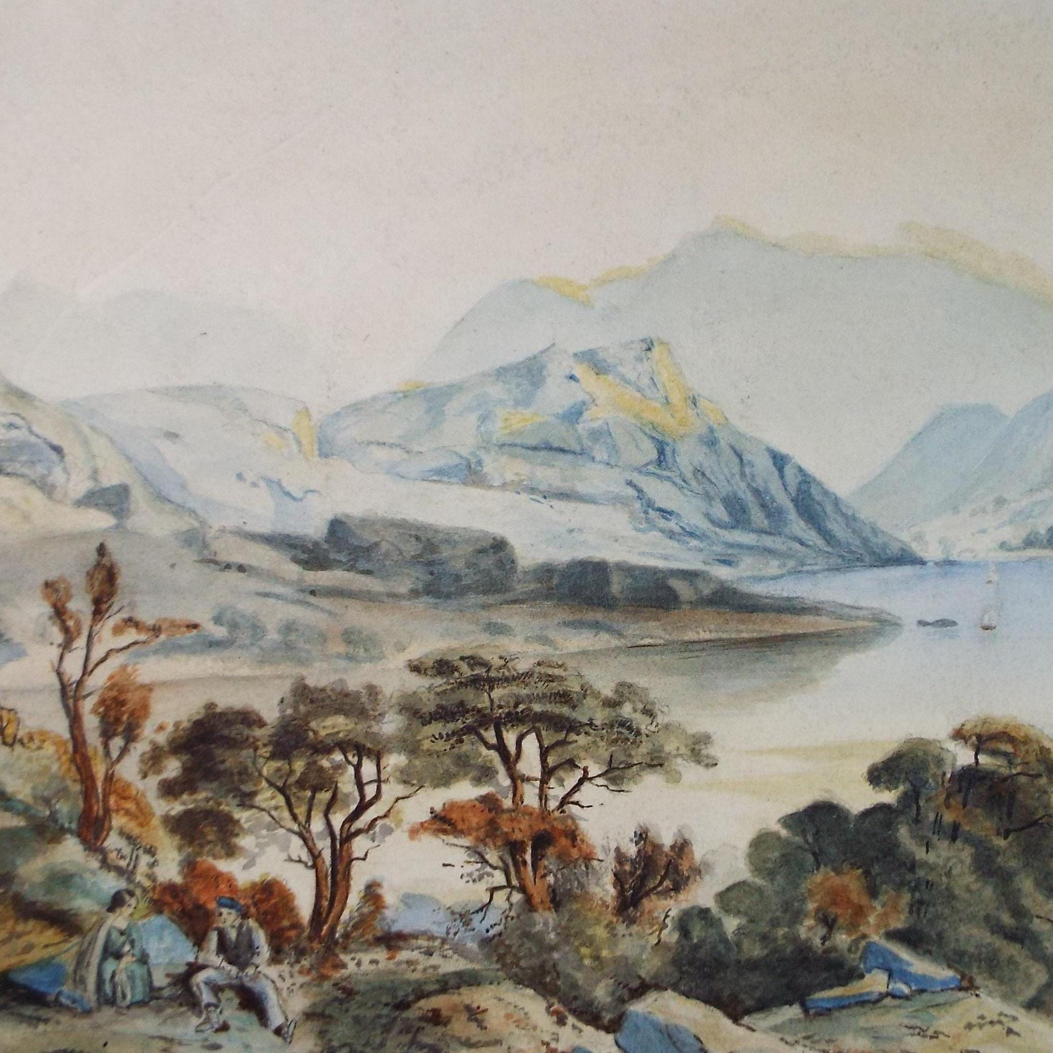 Original Watercolour, 'Lake with figures', Late 19th Century, Artist unknown