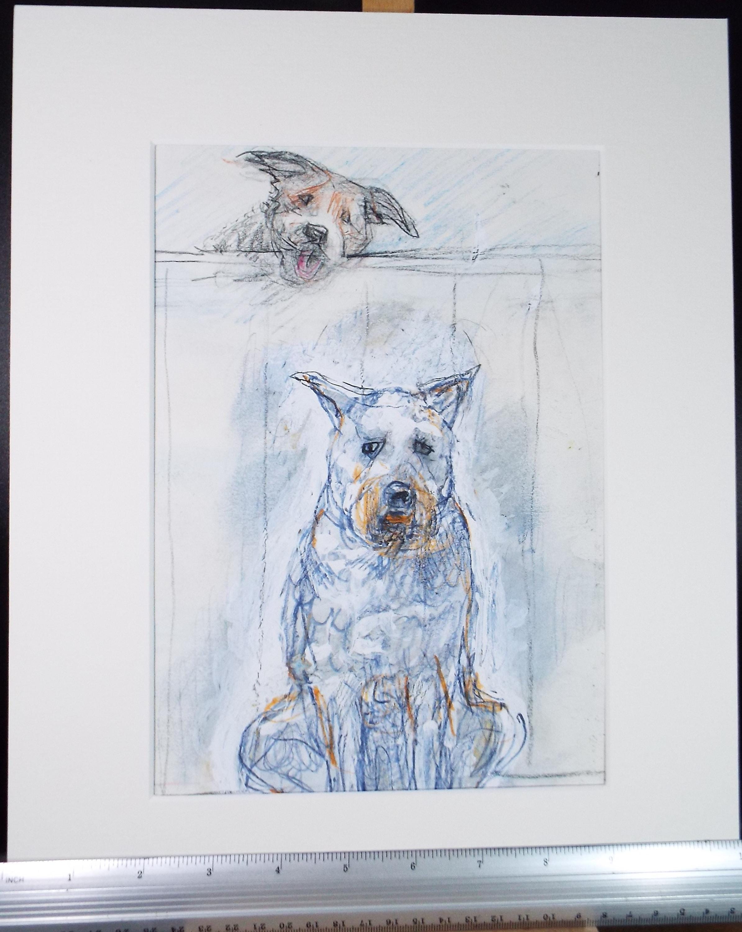 Original coloured pencil & Gouache,'Two Dogs', 2005, John Gilbey Bowles (1929-2011)