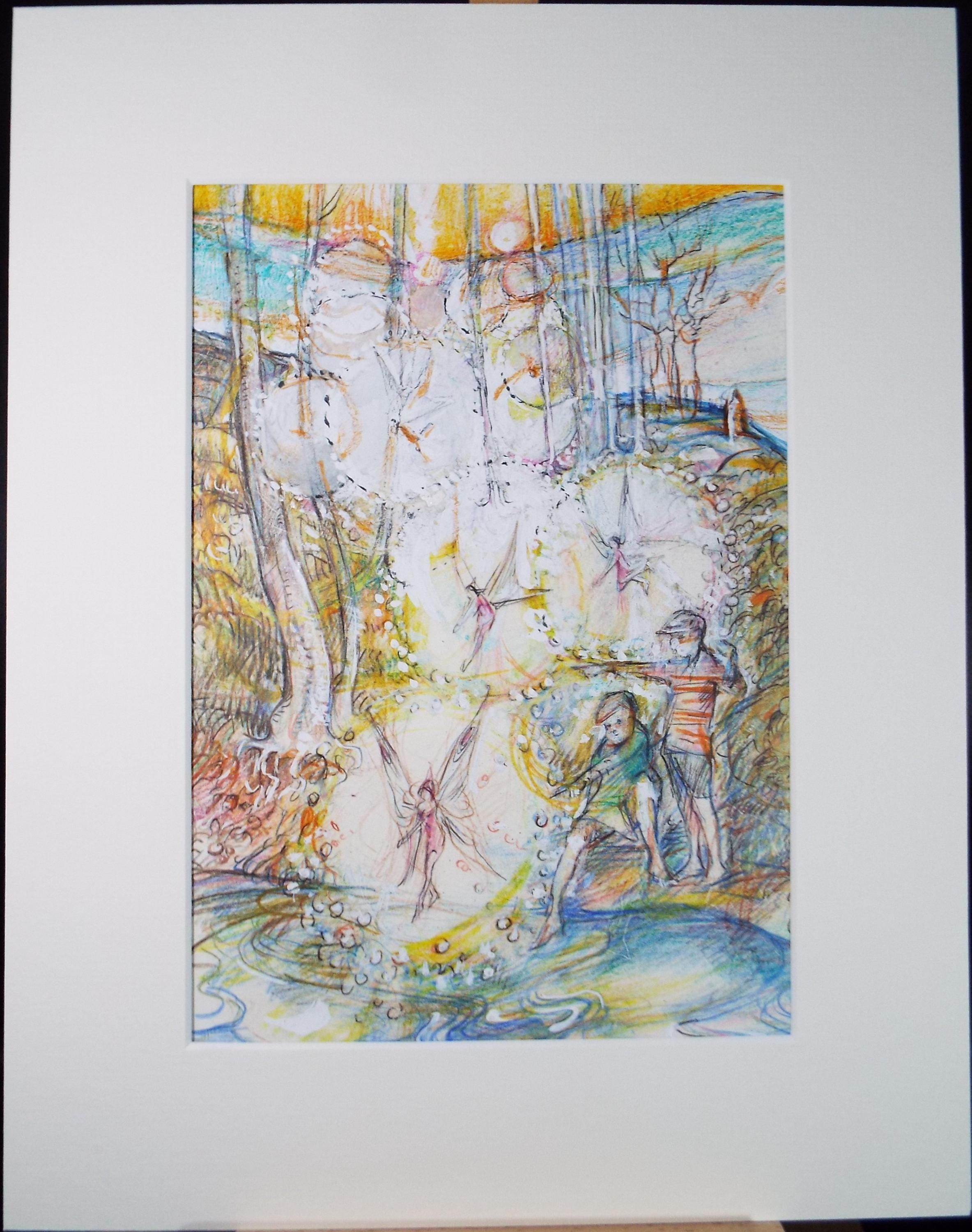 Original coloured pencil & Gouache,'Childen by a fairy pool', 2005, John Gilbey Bowles (1929-2011)
