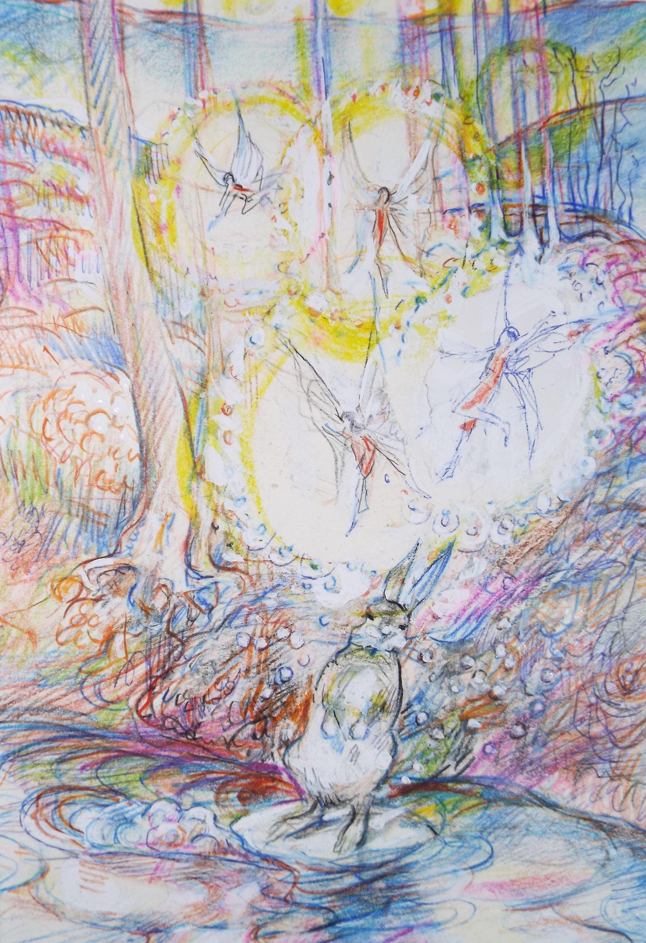 Original coloured pencil & Gouache,'Rabbit by a fairy pool', 2005, John Gilbey Bowles (1929-2011)