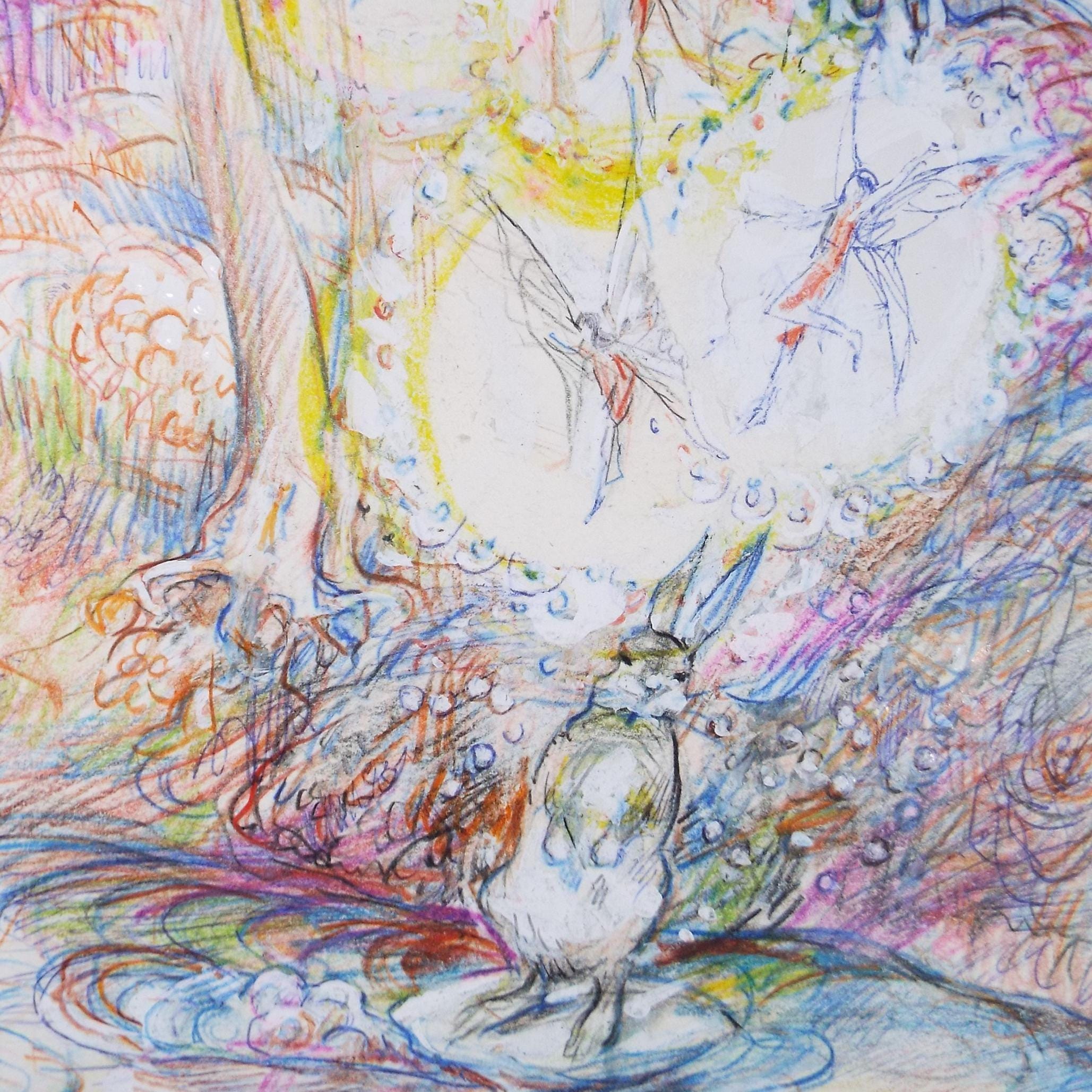 Original coloured pencil & Gouache,'Rabbit by a fairy pool', 2005, John Gilbey Bowles (1929-2011)