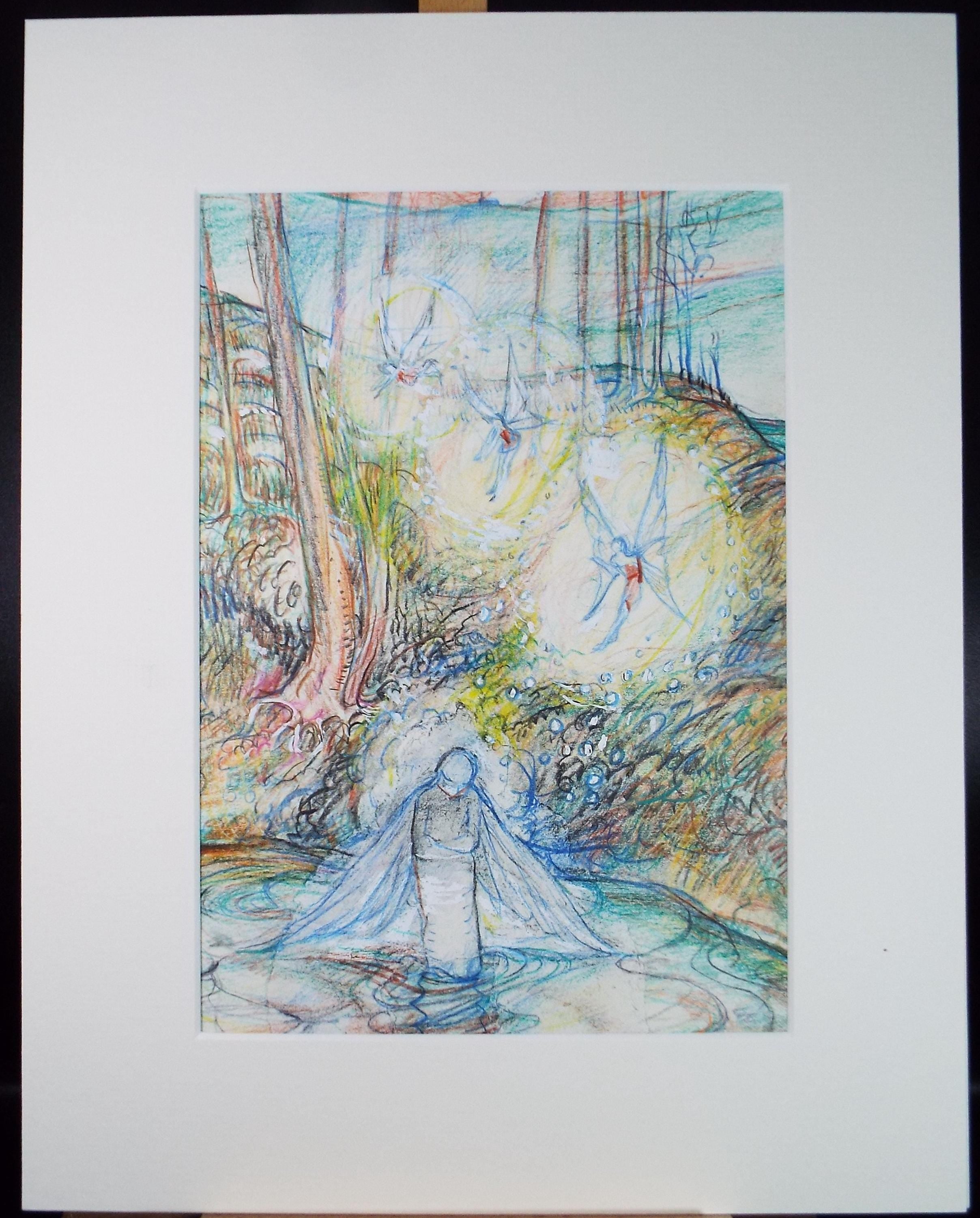 Original coloured pencil & Gouache,'Angel by a fairy pool', 2005, John Gilbey Bowles (1929-2011)