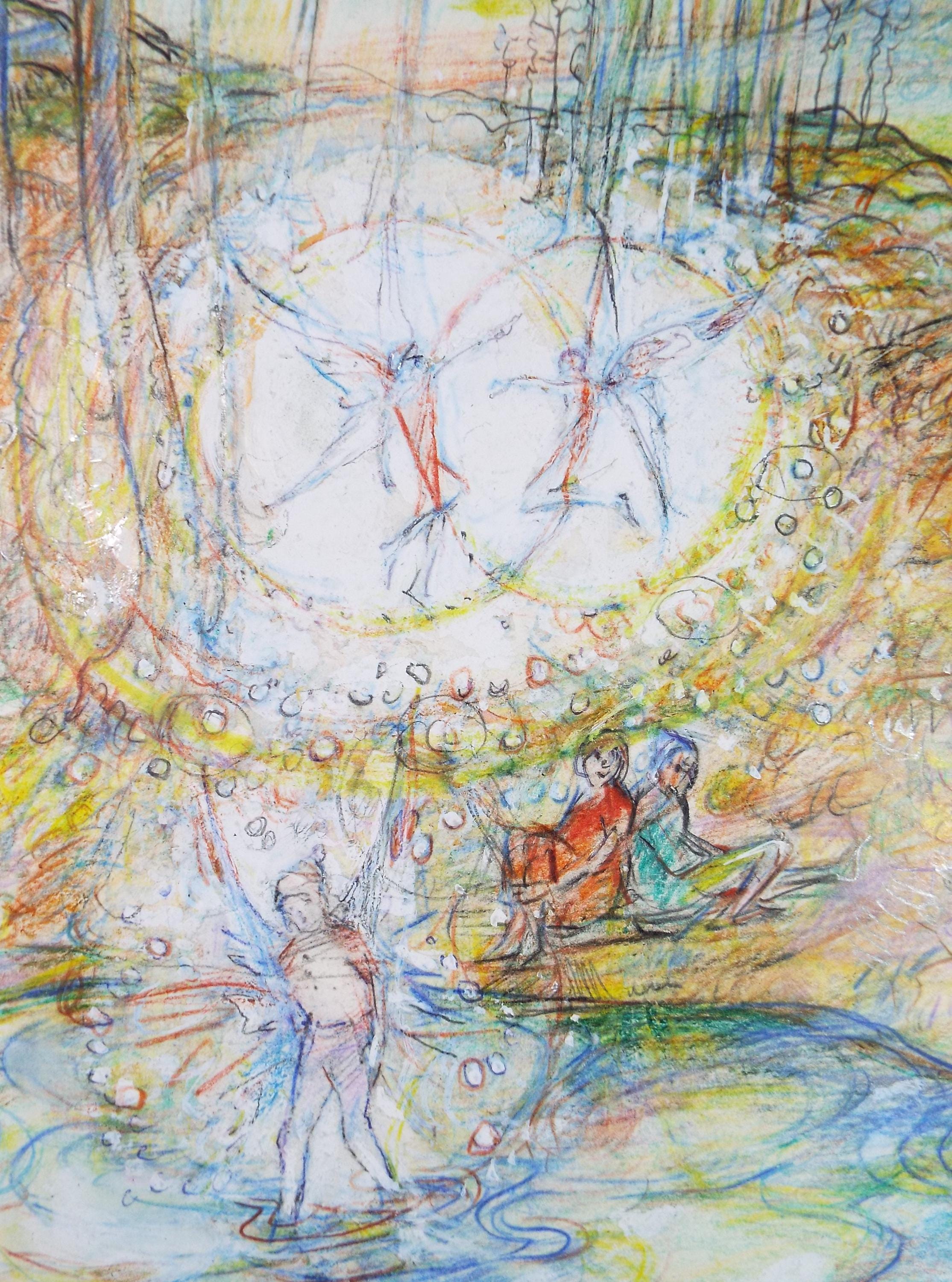 Original coloured pencil & Gouache,'Childen by a fairy pool', 2005, John Gilbey Bowles (1929-2011)