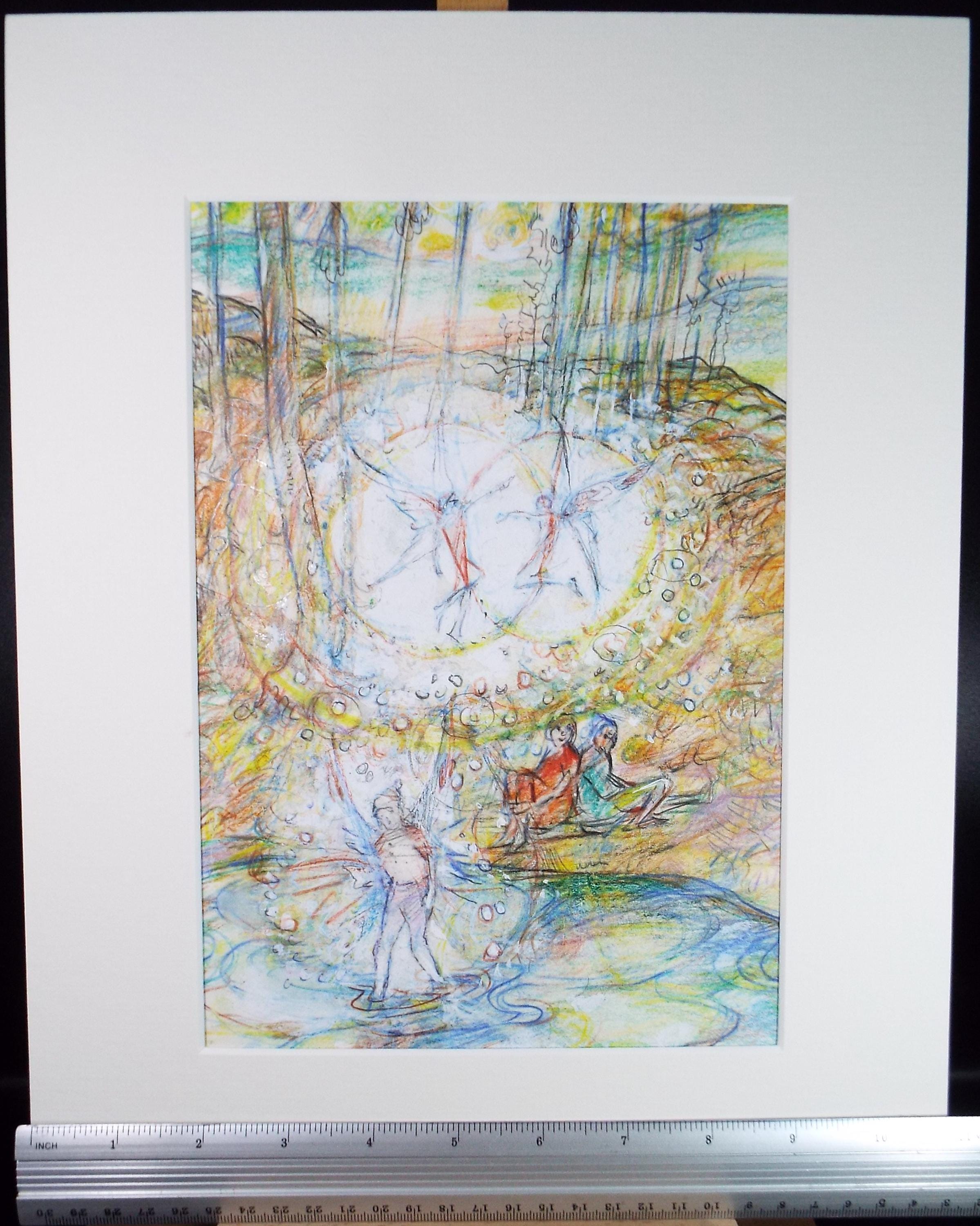 Original coloured pencil & Gouache,'Childen by a fairy pool', 2005, John Gilbey Bowles (1929-2011)